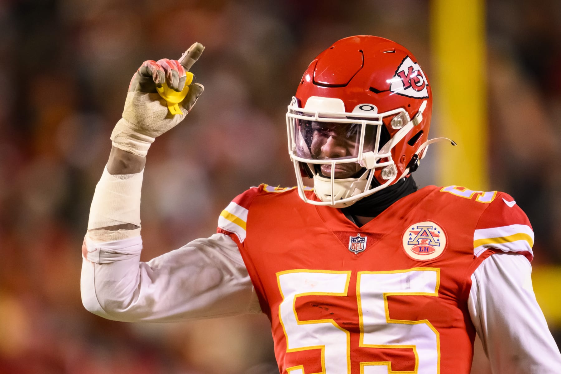 Kansas City Chiefs defensive end Frank Clark celebrates a defensive play during the second half of the NFL AFC Championship playoff football game against the Cincinnati Bengals, Sunday, Jan. 29, 2023 in Kansas City, Mo. (AP Photo/Reed Hoffmann)