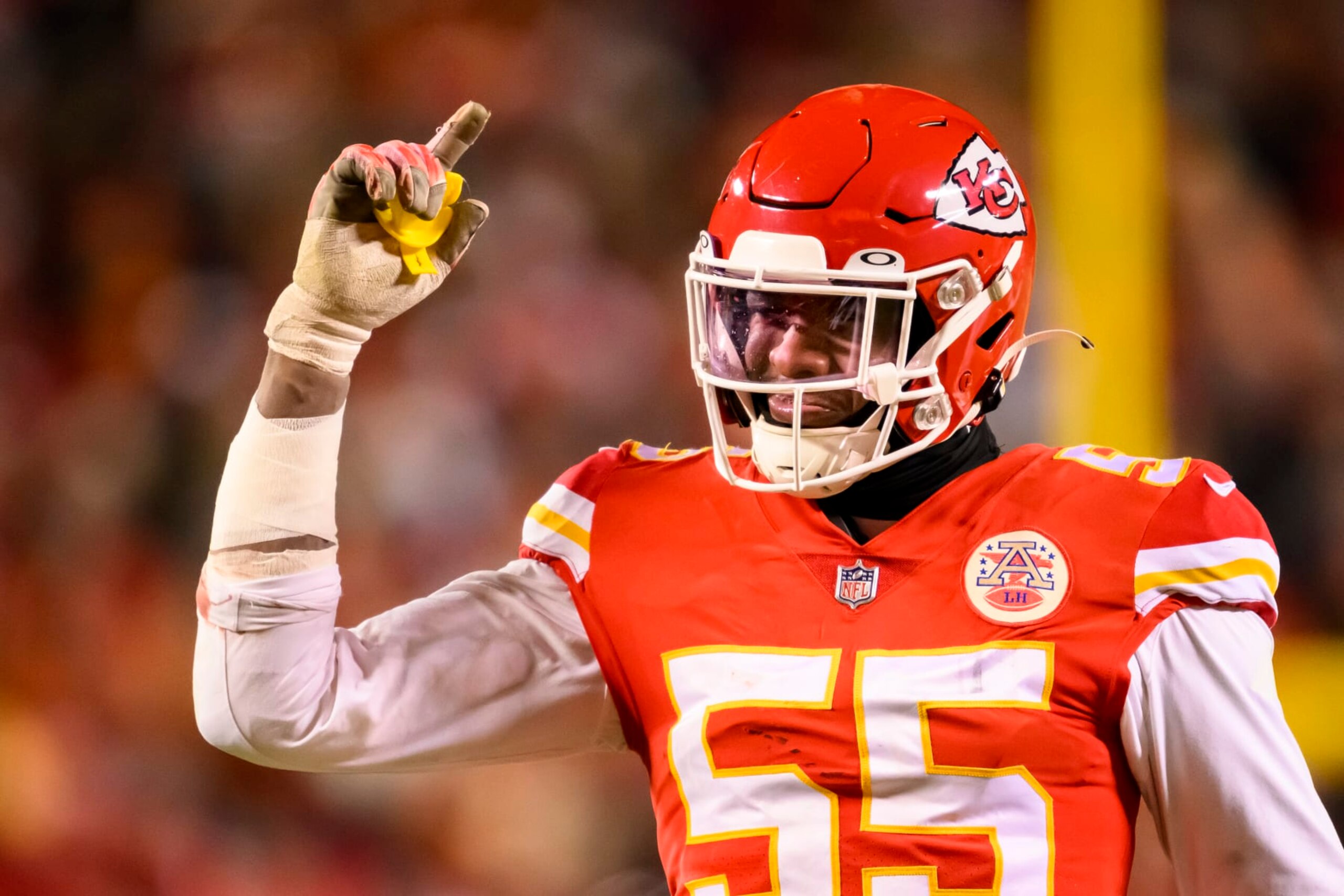 Kansas City Chiefs defensive end Frank Clark celebrates a defensive play during the second half of the NFL AFC Championship playoff football game against the Cincinnati Bengals, Sunday, Jan. 29, 2023 in Kansas City, Mo. (AP Photo/Reed Hoffmann)