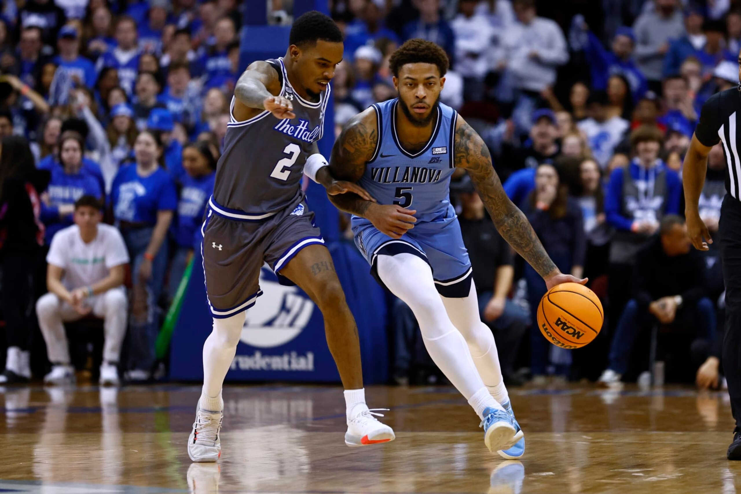 NEWARK, NJ - FEBRUARY 28: Justin Moore #5 of the Villanova Wildcats in action against Al-Amir Dawes #2 of the Seton Hall Pirates during a game at Prudential Center on February 28, 2023 in Newark, New Jersey. Villanova defeated Seton Hall 76-72. (Photo by Rich Schultz/Getty Images)