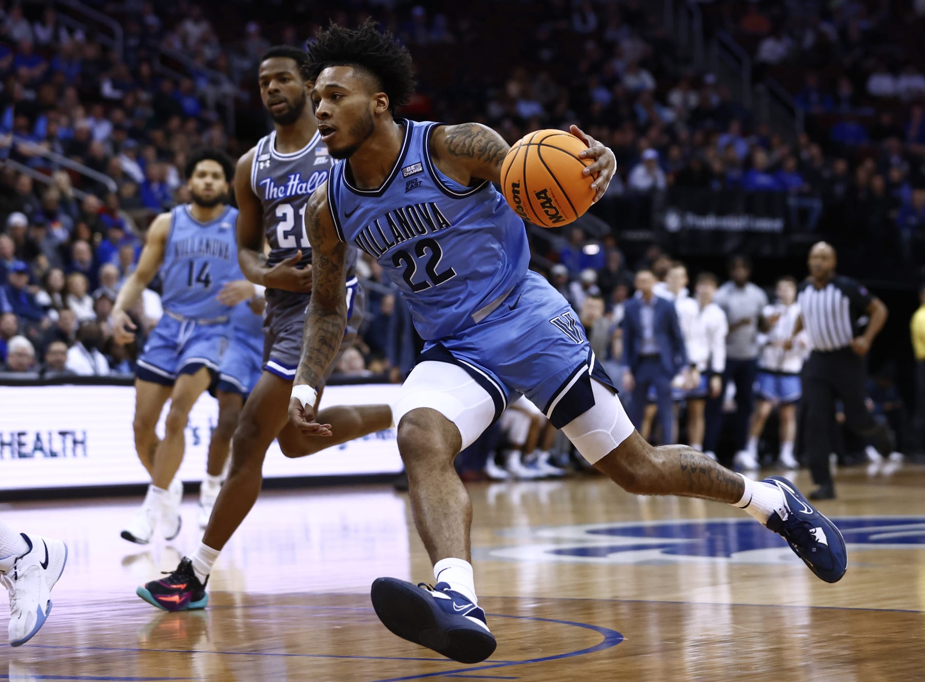 NEWARK, NJ - FEBRUARY 28: Cam Whitmore #22 of the Villanova Wildcats in action against the Seton Hall Pirates during a game at Prudential Center on February 28, 2023 in Newark, New Jersey. Villanova defeated Seton Hall 76-72. (Photo by Rich Schultz/Getty Images)