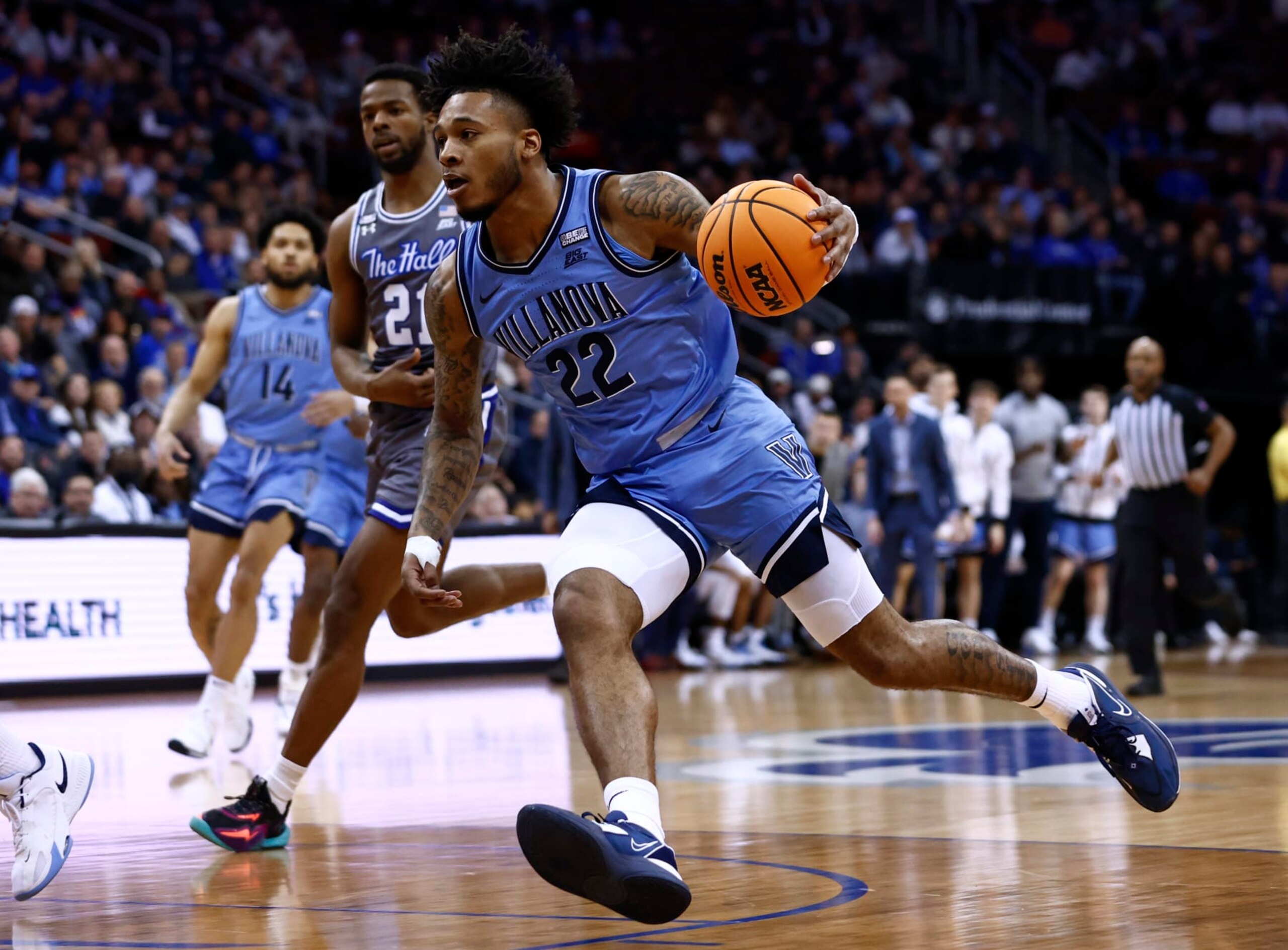 NEWARK, NJ - FEBRUARY 28: Cam Whitmore #22 of the Villanova Wildcats in action against the Seton Hall Pirates during a game at Prudential Center on February 28, 2023 in Newark, New Jersey. Villanova defeated Seton Hall 76-72. (Photo by Rich Schultz/Getty Images)