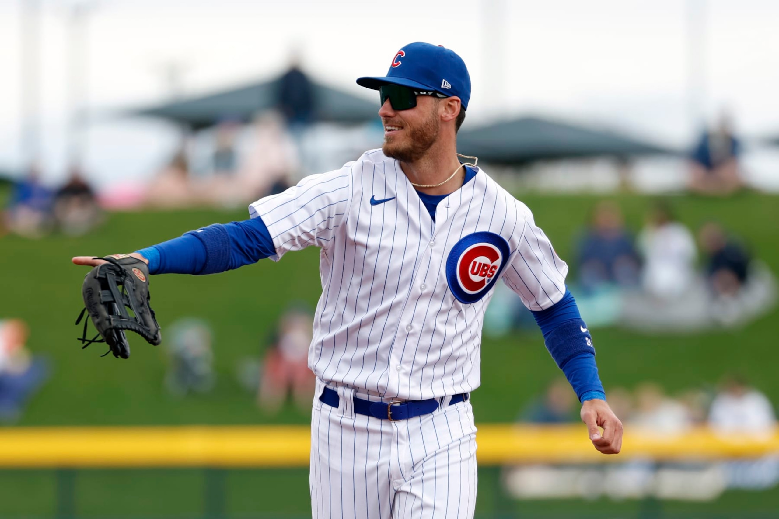 MESA, ARIZONA - MARCH 01: Cody Bellinger #24 of the Chicago Cubs smiles after the top of the first inning of a spring training game against the Seattle Mariners at Sloan Park on March 01, 2023 in Mesa, Arizona. (Photo by Chris Coduto/Getty Images)