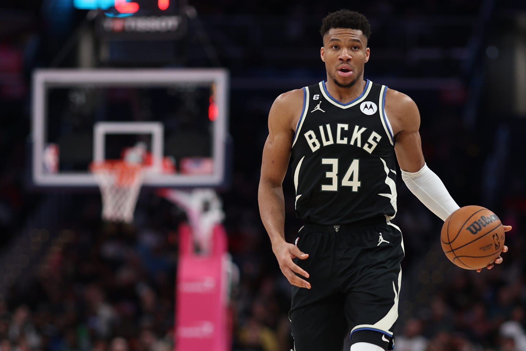 WASHINGTON, DC - MARCH 05: Giannis Antetokounmpo #34 of the Milwaukee Bucks dribbles the ball up the court against the Washington Wizards at Capital One Arena on March 5, 2023 in Washington, DC. NOTE TO USER: User expressly acknowledges and agrees that, by downloading and or using this photograph, User is consenting to the terms and conditions of the Getty Images License Agreement. (Photo by Patrick Smith/Getty Images)