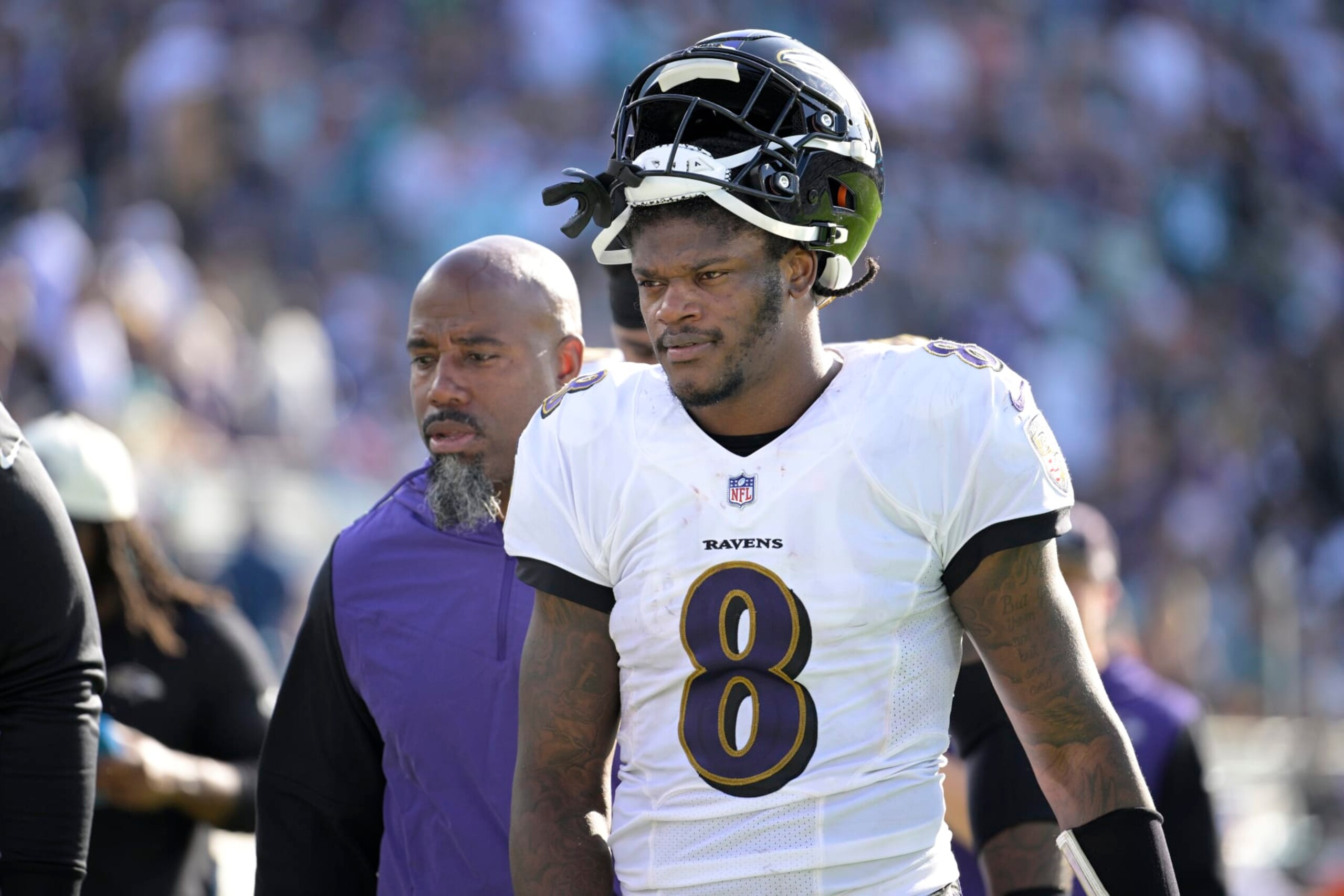 Baltimore Ravens quarterback Lamar Jackson (8) leaves the field after the end of the first half of an NFL football game against the Jacksonville Jaguars, Sunday, Nov. 27, 2022, in Jacksonville, Fla. (AP Photo/Phelan M. Ebenhack)