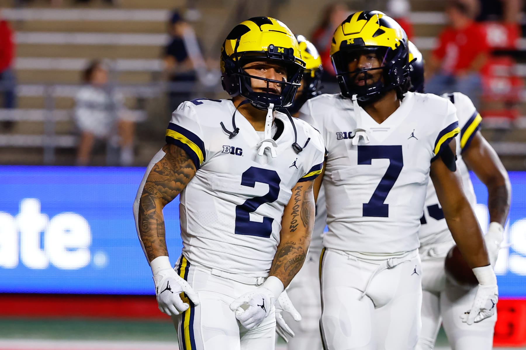 PISCATAWAY, NJ - NOVEMBER 05:  Michigan Wolverines running back Blake Corum (2) and Michigan Wolverines running back Donovan Edwards (7) prior to the college football game against the Rutgers Scarlet Knights on November 5, 2022 at SHI Stadium in Piscataway, New Jersey.  (Photo by Rich Graessle/Icon Sportswire via Getty Images)