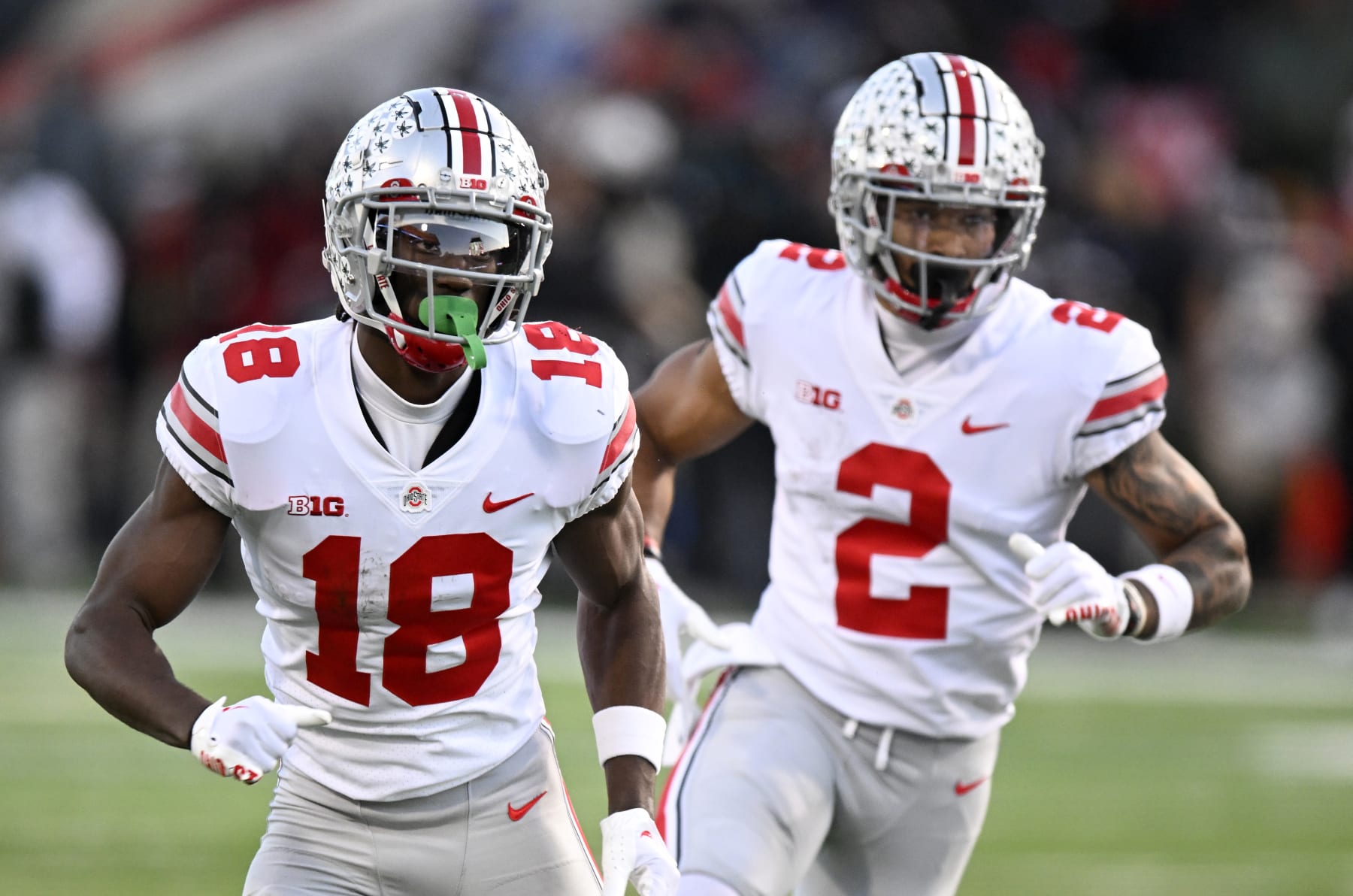 COLLEGE PARK, MARYLAND - NOVEMBER 19: Marvin Harrison Jr. #18 and Emeka Egbuka #2 of the Ohio State Buckeyes runs pass routes against the Maryland Terrapins at SECU Stadium on November 19, 2022 in College Park, Maryland. (Photo by G Fiume/Getty Images)
