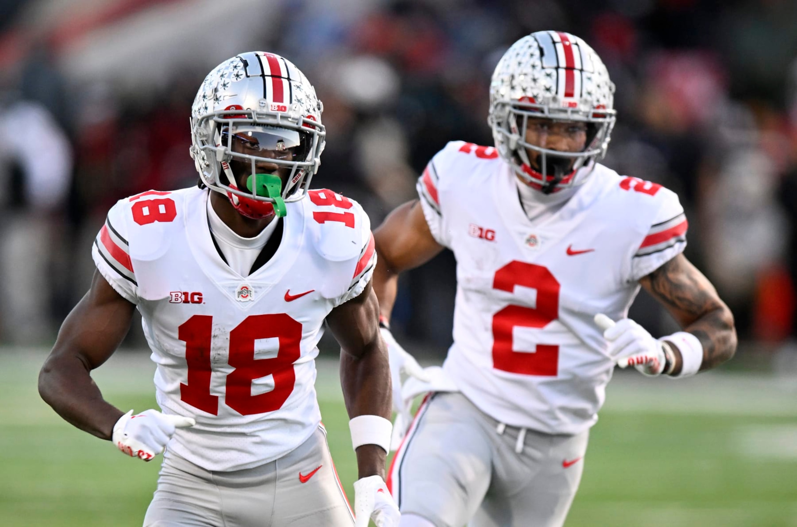 COLLEGE PARK, MARYLAND - NOVEMBER 19: Marvin Harrison Jr. #18 and Emeka Egbuka #2 of the Ohio State Buckeyes runs pass routes against the Maryland Terrapins at SECU Stadium on November 19, 2022 in College Park, Maryland. (Photo by G Fiume/Getty Images)