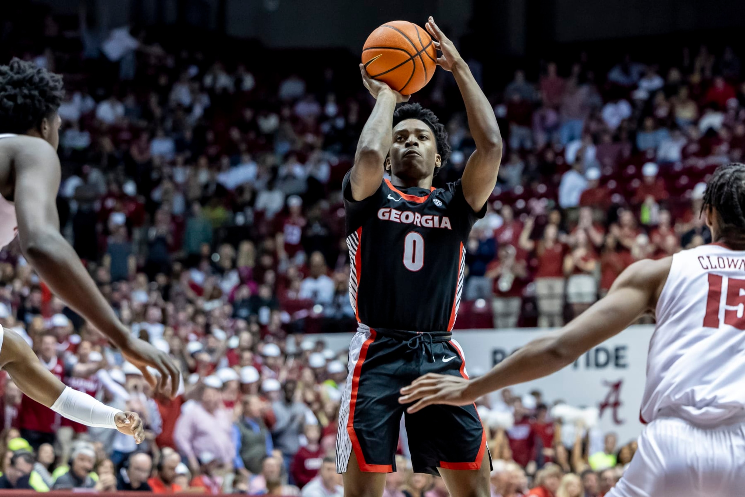 Georgia guard Terry Roberts (0) shoots against Alabama during the first half of an NCAA college basketball game, Saturday, Feb. 18, 2023, in Tuscaloosa, Ala. (AP Photo/Vasha Hunt) Georgia guard Terry Roberts (0) shoots against Alabama during the first half of an NCAA college basketball game, Saturday, Feb. 18, 2023, in Tuscaloosa, Ala. (AP Photo/Vasha Hunt)