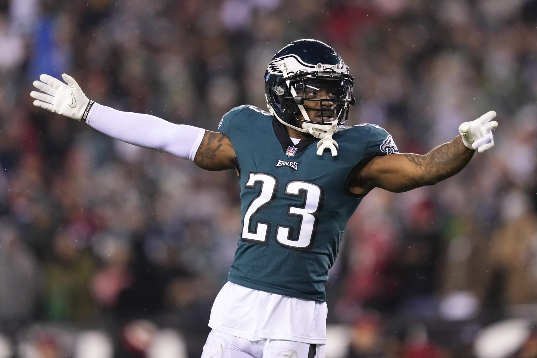 Philadelphia Eagles safety C.J. Gardner-Johnson celebrates during the second half of the NFC Championship NFL football game between the Philadelphia Eagles and the San Francisco 49ers on Sunday, Jan. 29, 2023, in Philadelphia. (AP Photo/Matt Slocum)