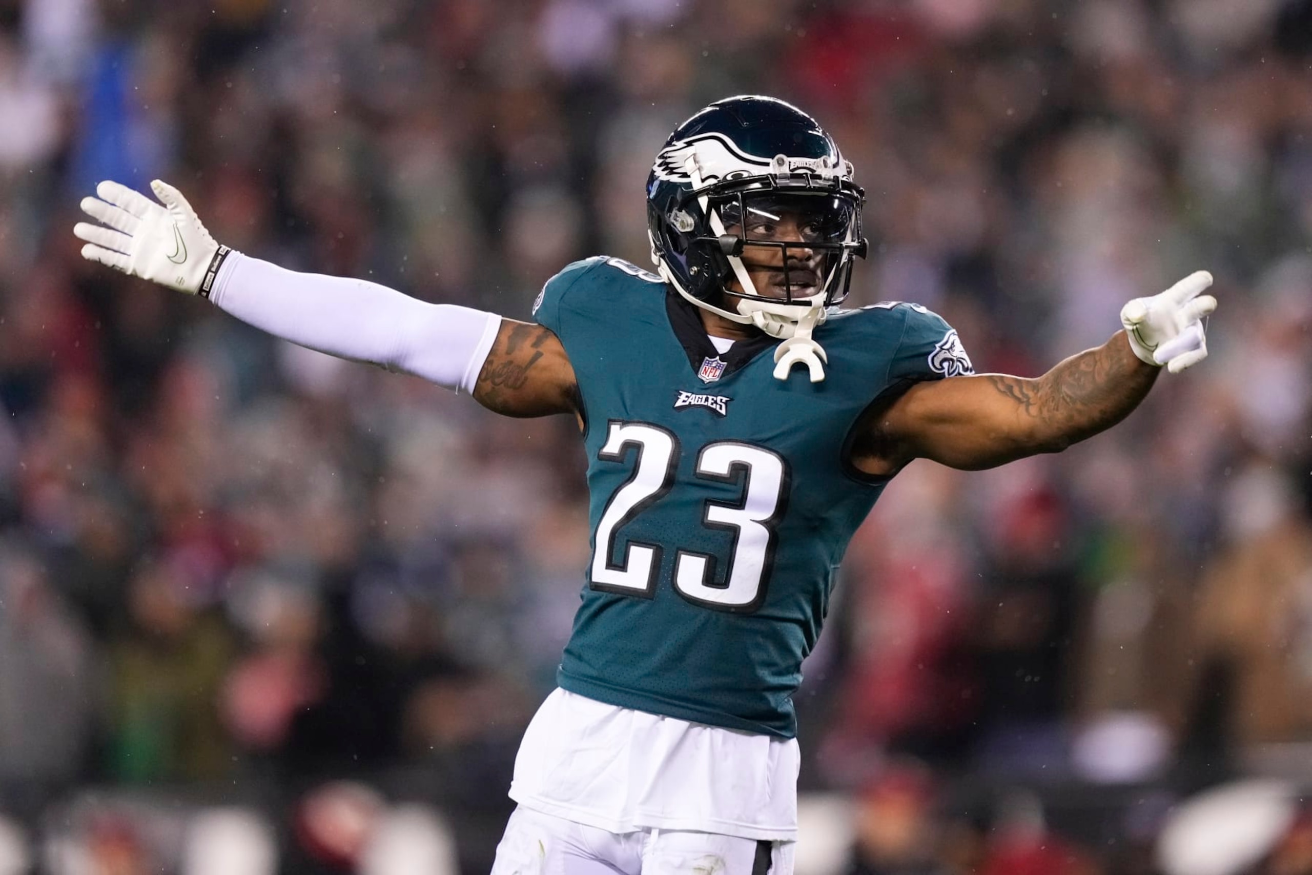 Philadelphia Eagles safety C.J. Gardner-Johnson celebrates during the second half of the NFC Championship NFL football game between the Philadelphia Eagles and the San Francisco 49ers on Sunday, Jan. 29, 2023, in Philadelphia. (AP Photo/Matt Slocum)