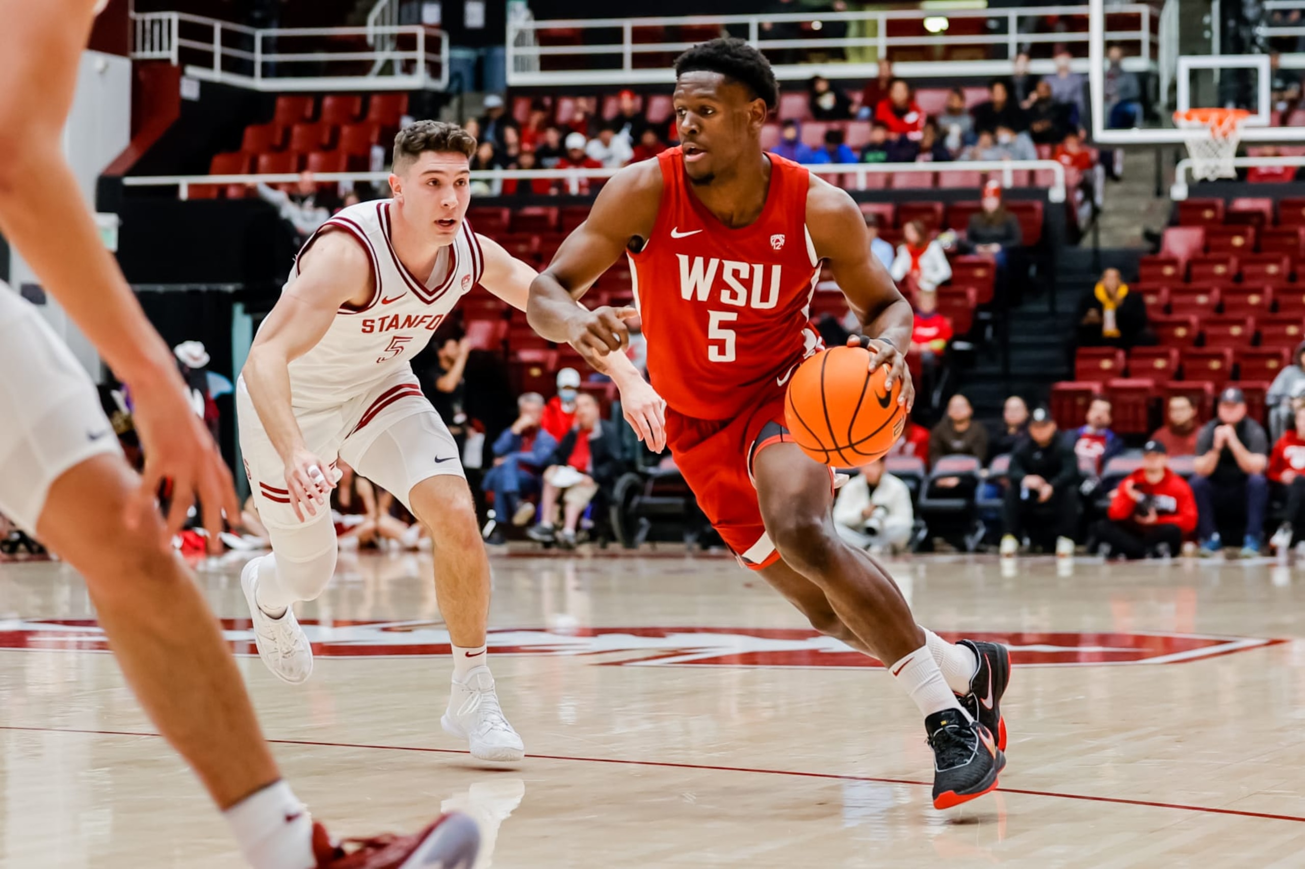 PALO ALTO, CA - FEBRUARY 23: Washington State Cougars guard TJ Bamba (5) brings the ball down the court during the college mens basketball game between the Washington State Cougars and the Stanford Cardinal on February 23, 2023 at Maples Pavilion in Palo Alto, CA. (Photo by Bob Kupbens/Icon Sportswire via Getty Images)