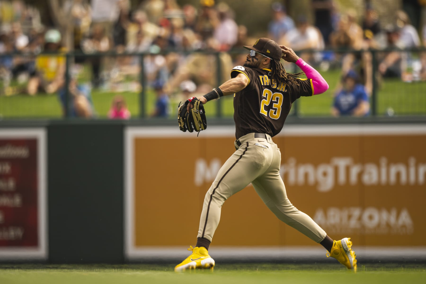 GLENDALE, AZ - MARCH 06: Fernando Tatis Jr. #23 of the San Diego Padres fields a ball hit to right field during a Spring Training game against the Los Angeles Dodgers on March 6, 2023 in Glendale, Arizona. (Photo by Matt Thomas/San Diego Padres/Getty Images)