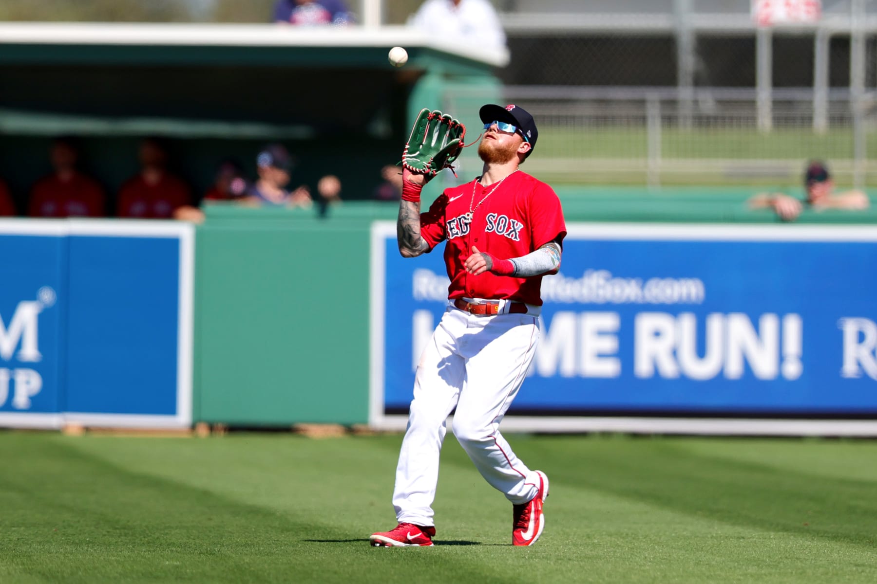FORT MYERS, FLORIDA - FEBRUARY 27: Alex Verdugo #99 of the Boston Red Sox catches the ball for an out against the Minnesota Twins during the fourth inning at JetBlue Park at Fenway South on February 27, 2023 in Fort Myers, Florida. (Photo by Megan Briggs/Getty Images)
