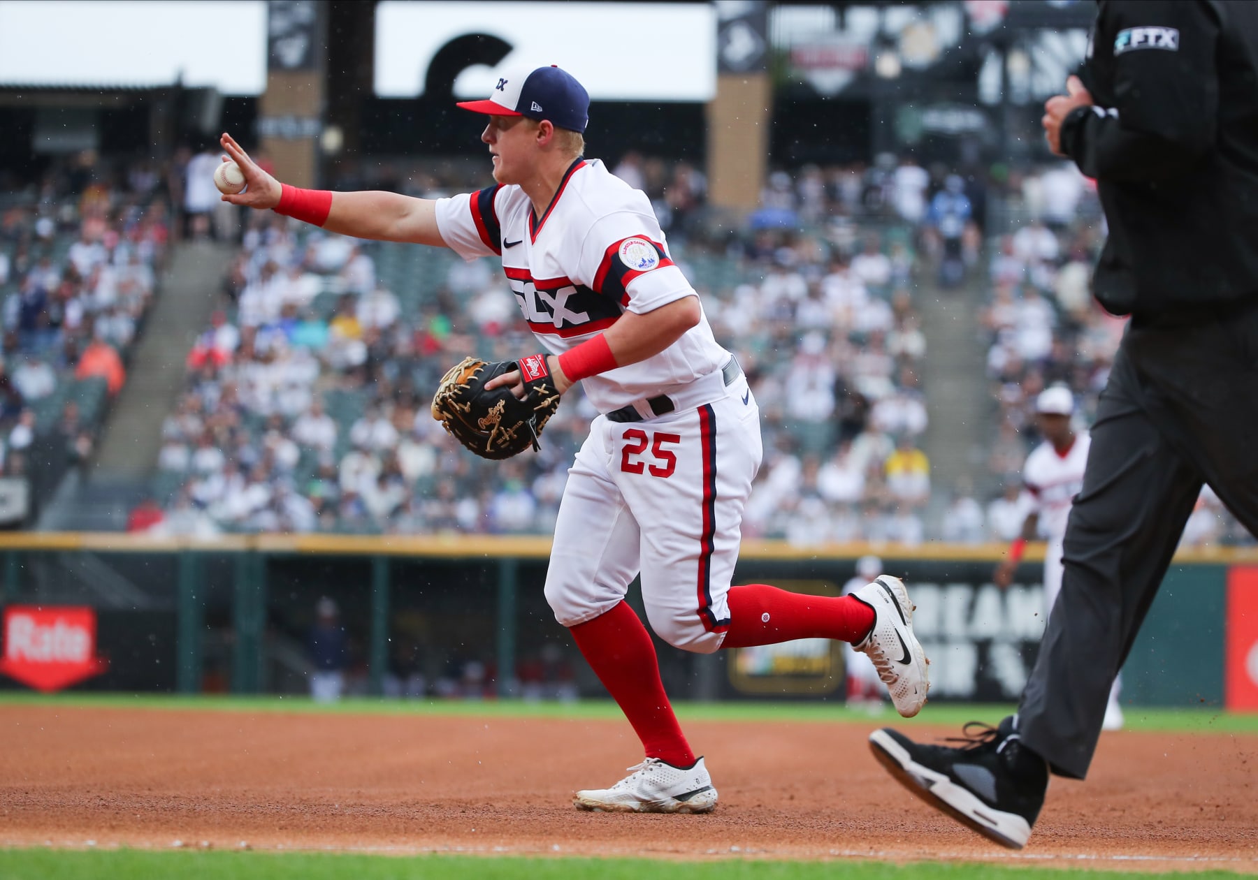 CHICAGO, IL - MAY 15: Chicago White Sox first baseman Andrew Vaughn (25) takes the ball to first base for an out during a Major League Baseball game between  the New York Yankees and the Chicago White Sox on May 15, 2022 at Guaranteed Rate Field in Chicago, IL. (Photo by Melissa Tamez/Icon Sportswire via Getty Images)