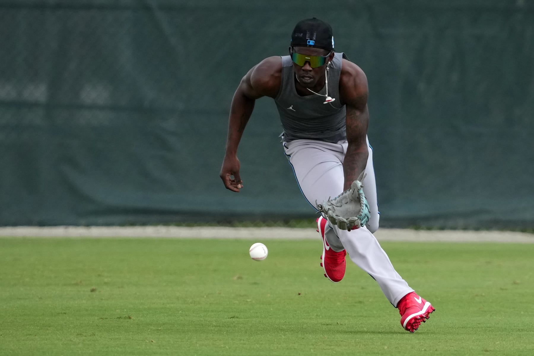 JUPITER, FL - FEBRUARY 19: Jazz Chisholm Jr. #2 of the Miami Marlins takes outfield fielding practice during a workout day at Roger Dean Stadium on February 19, 2023 in Jupiter, Florida. (Photo by Jasen Vinlove/Miami Marlins/Getty Images)