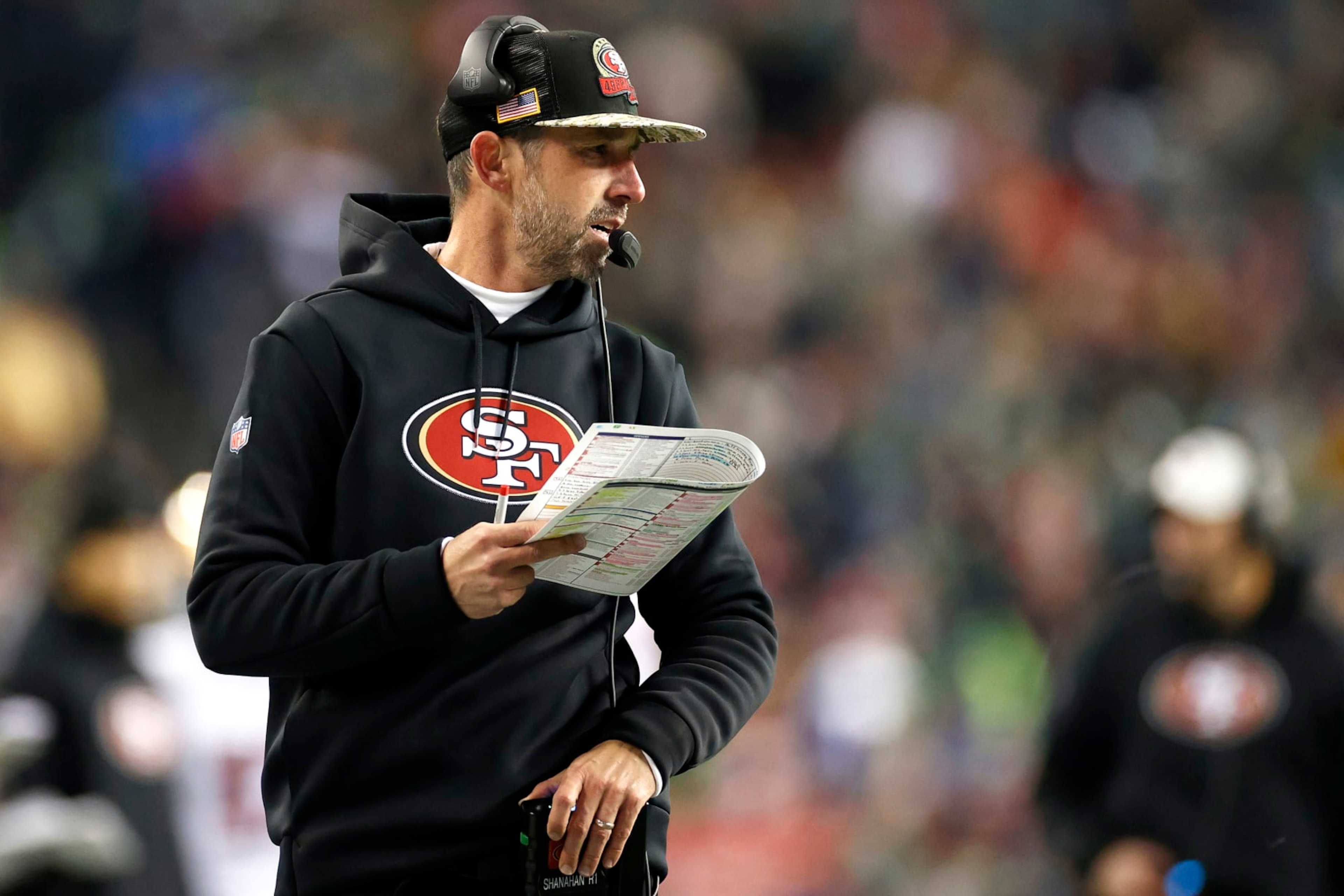 SEATTLE, WASHINGTON - DECEMBER 15: Head coach Kyle Shanahan of the San Francisco 49ers looks on against the Seattle Seahawks during the second quarter at Lumen Field on December 15, 2022 in Seattle, Washington. (Photo by Steph Chambers/Getty Images) SEATTLE, WASHINGTON - DECEMBER 15: Head coach Kyle Shanahan of the San Francisco 49ers looks on against the Seattle Seahawks during the second quarter at Lumen Field on December 15, 2022 in Seattle, Washington. (Photo by Steph Chambers/Getty Images)