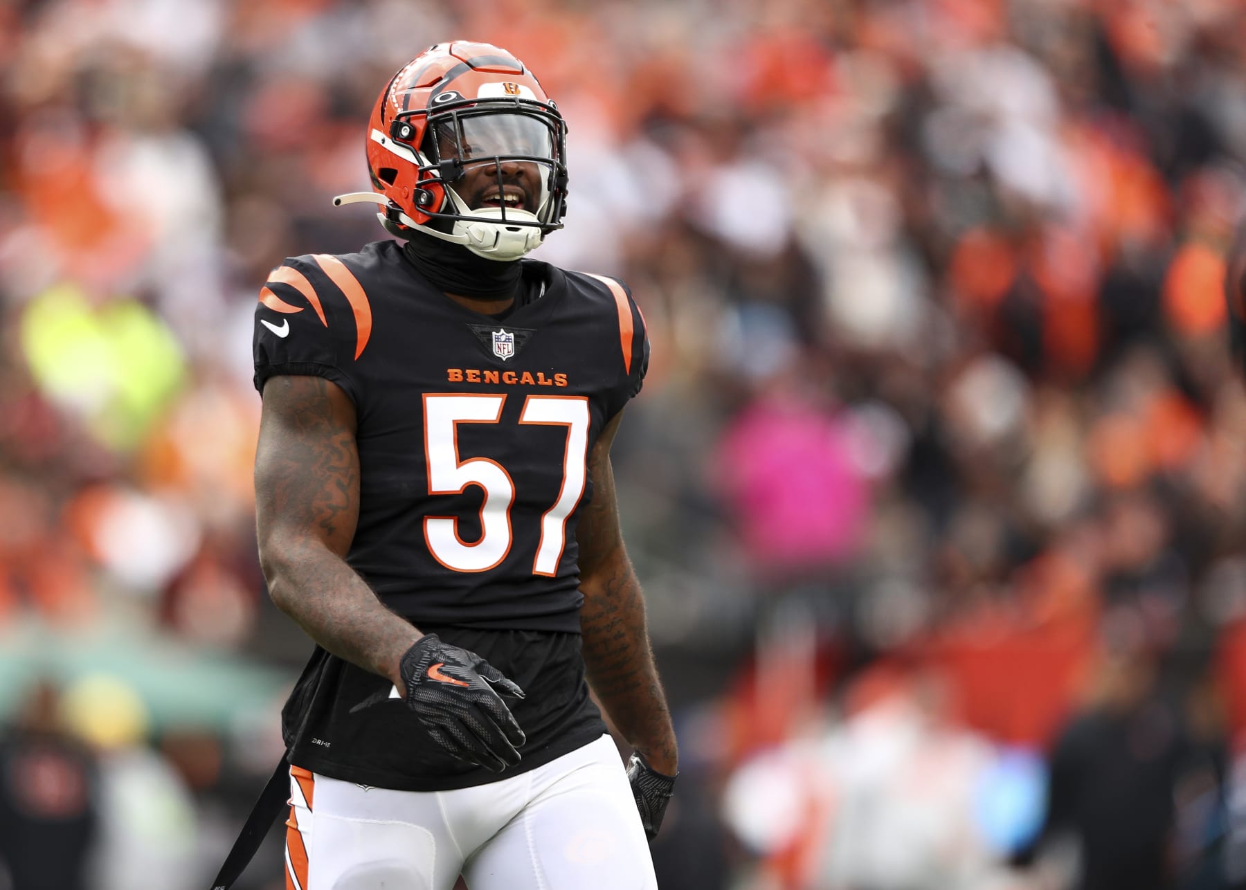 CINCINNATI, OH - DECEMBER 11: Germaine Pratt #57 of the Cincinnati Bengals walks to the sidelines during an NFL football game against the Cleveland Browns at Paycor Stadium on December 11, 2022 in Cincinnati, Ohio. (Photo by Kevin Sabitus/Getty Images)