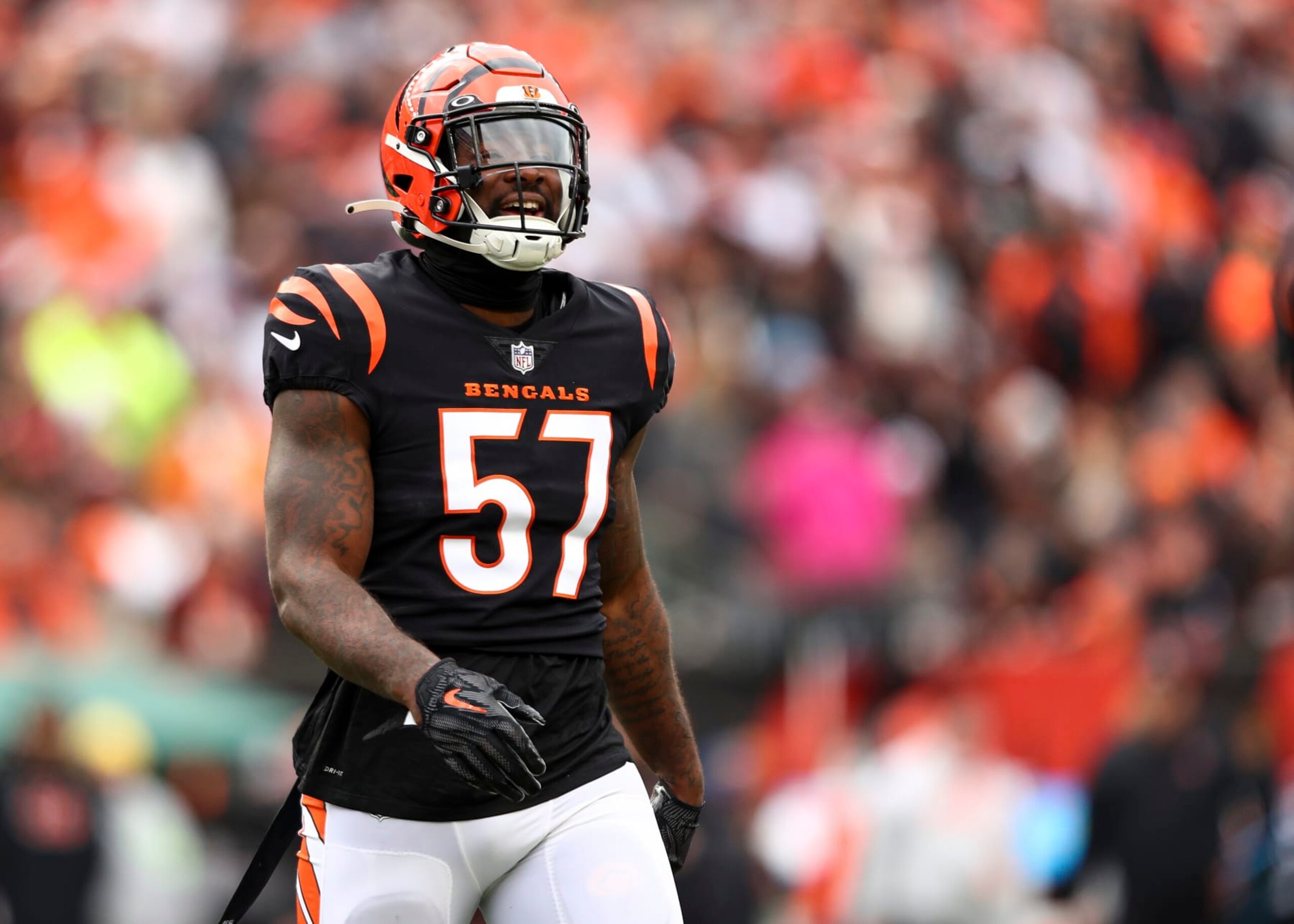 CINCINNATI, OH - DECEMBER 11: Germaine Pratt #57 of the Cincinnati Bengals walks to the sidelines during an NFL football game against the Cleveland Browns at Paycor Stadium on December 11, 2022 in Cincinnati, Ohio. (Photo by Kevin Sabitus/Getty Images)