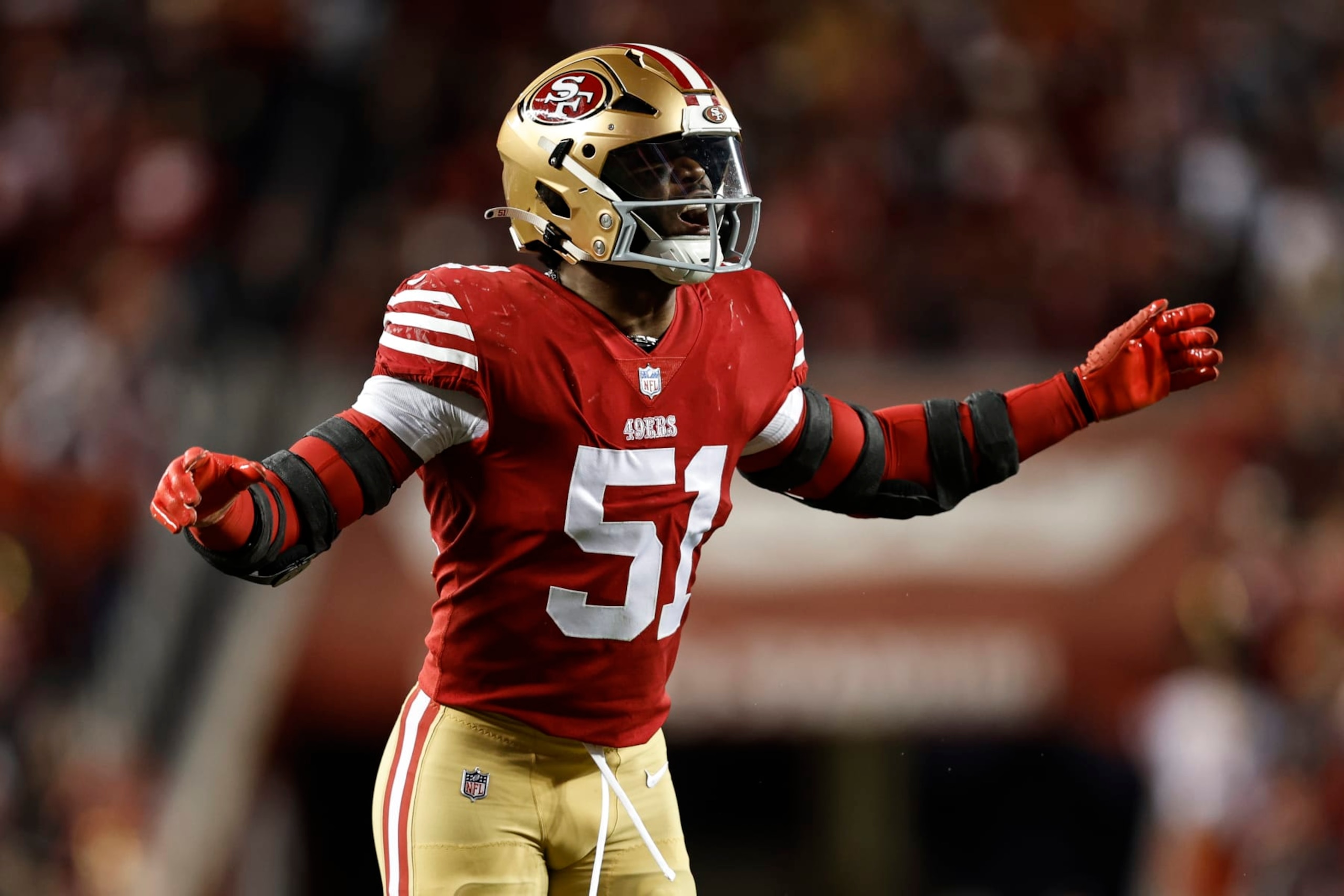 SANTA CLARA, CALIFORNIA - JANUARY 22: Azeez Al-Shaair #51 of the San Francisco 49ers reacts during an NFL divisional round playoff football game between the San Francisco 49ers and the Dallas Cowboys at Levi's Stadium on January 22, 2023 in Santa Clara, California. (Photo by Michael Owens/Getty Images)