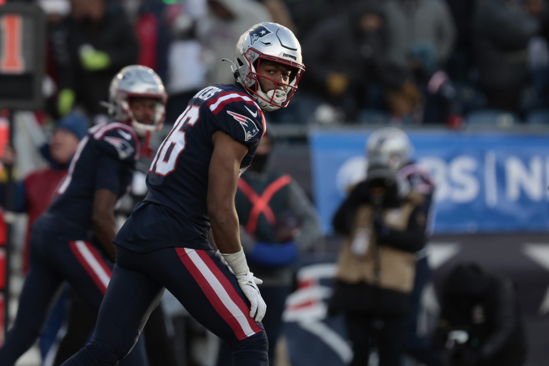 FOXBOROUGH, MASSACHUSETTS - DECEMBER 24: Jakobi Meyers #16 of the New England Patriots awaits the snap during the second half against the Cincinnati Bengals at Gillette Stadium on December 24, 2022 in Foxborough, Massachusetts. (Photo by Nick Grace/Getty Images)