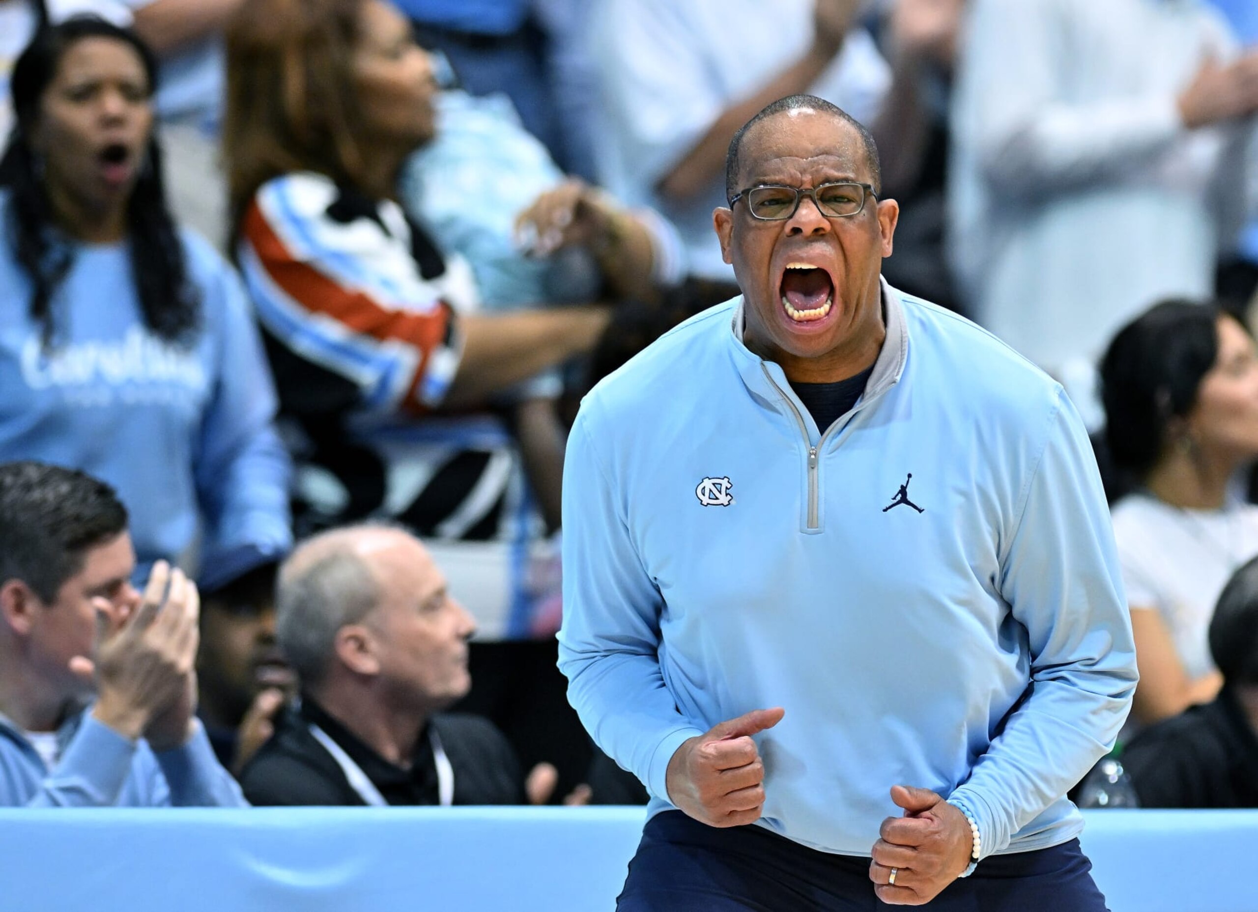 CHAPEL HILL, NORTH CAROLINA - MARCH 04: Head coach Hubert Davis of the North Carolina Tar Heels reacts during the first half of their game against the Duke Blue Devils at the Dean E. Smith Center on March 04, 2023 in Chapel Hill, North Carolina. (Photo by Grant Halverson/Getty Images)