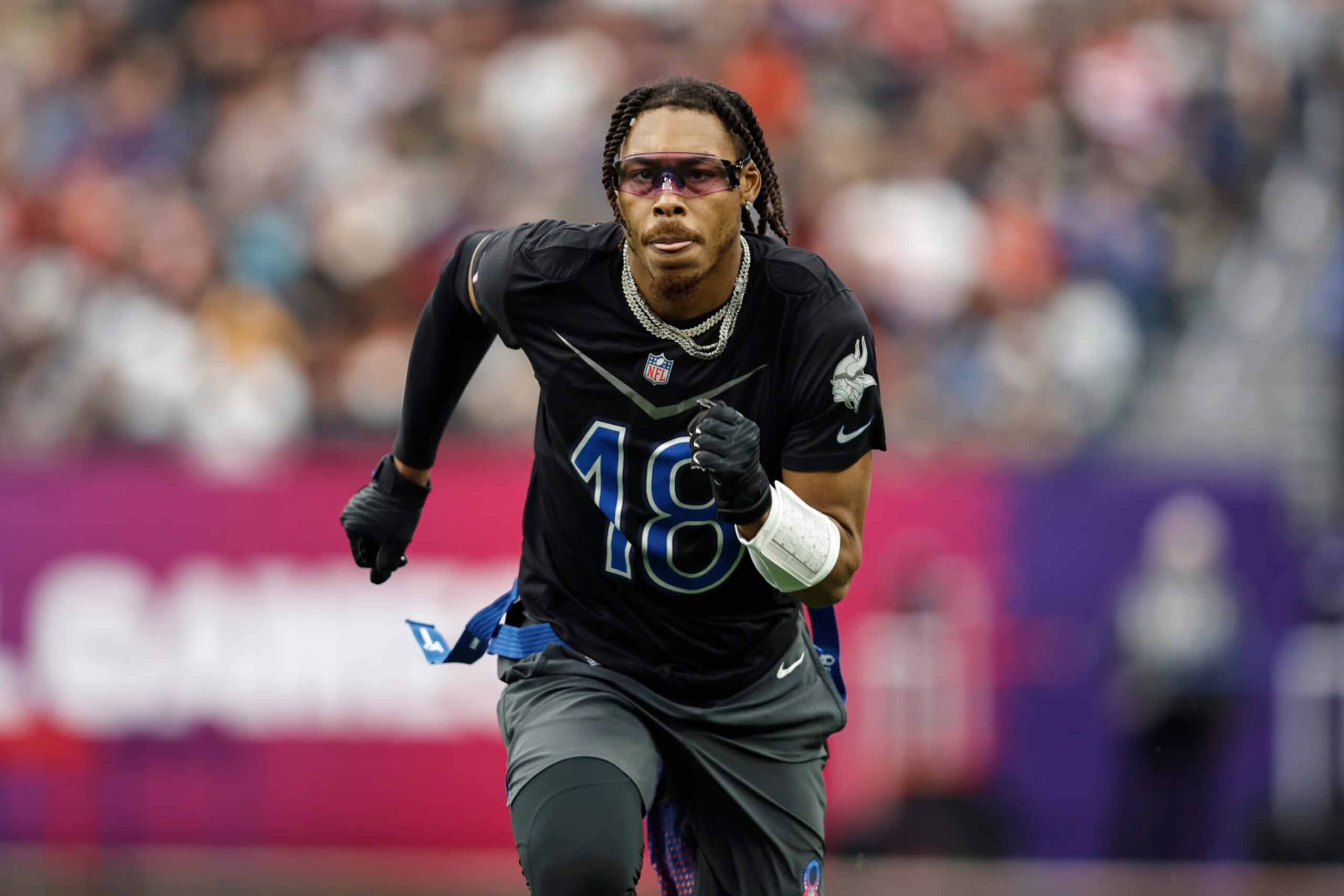 LAS VEGAS, NEVADA - FEBRUARY 05: LAS VEGAS, NEVADA - FEBRUARY 05: NFC wide receiver Justin Jefferson #18 of the Minnesota Vikings runs during an NFL Pro Bowl football game at Allegiant Stadium on February 05, 2023 in Las Vegas, Nevada. (Photo by Michael Owens/Getty Images)