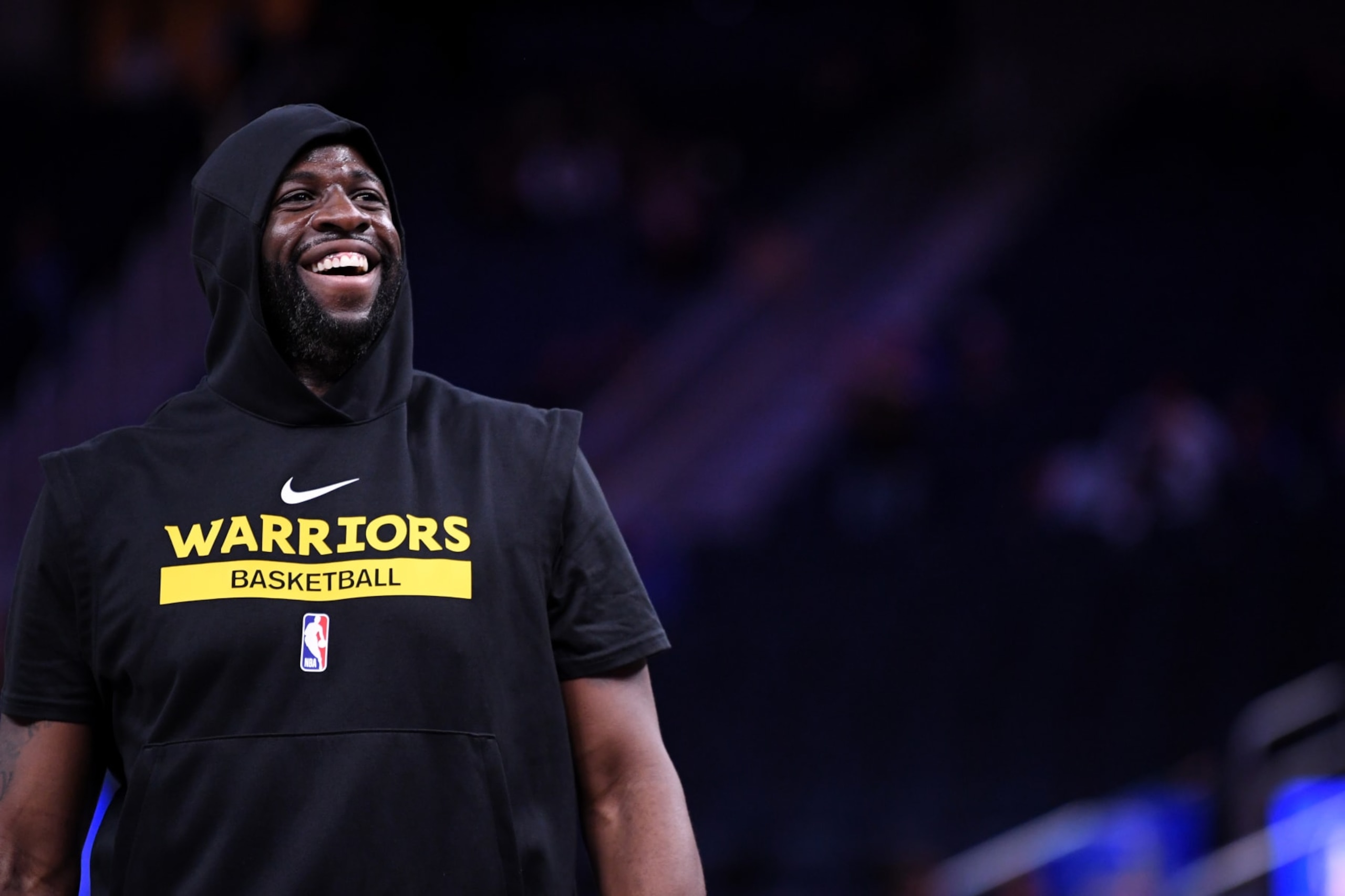 SAN FRANCISCO, CA - MARCH 3: Draymond Green #23 of the Golden State Warriors smiles during the game against the New Orleans Pelicans on MARCH 3, 2023 at Chase Center in San Francisco, California. NOTE TO USER: User expressly acknowledges and agrees that, by downloading and or using this photograph, user is consenting to the terms and conditions of Getty Images License Agreement. Mandatory Copyright Notice: Copyright 2023 NBAE (Photo by Noah Graham/NBAE via Getty Images)