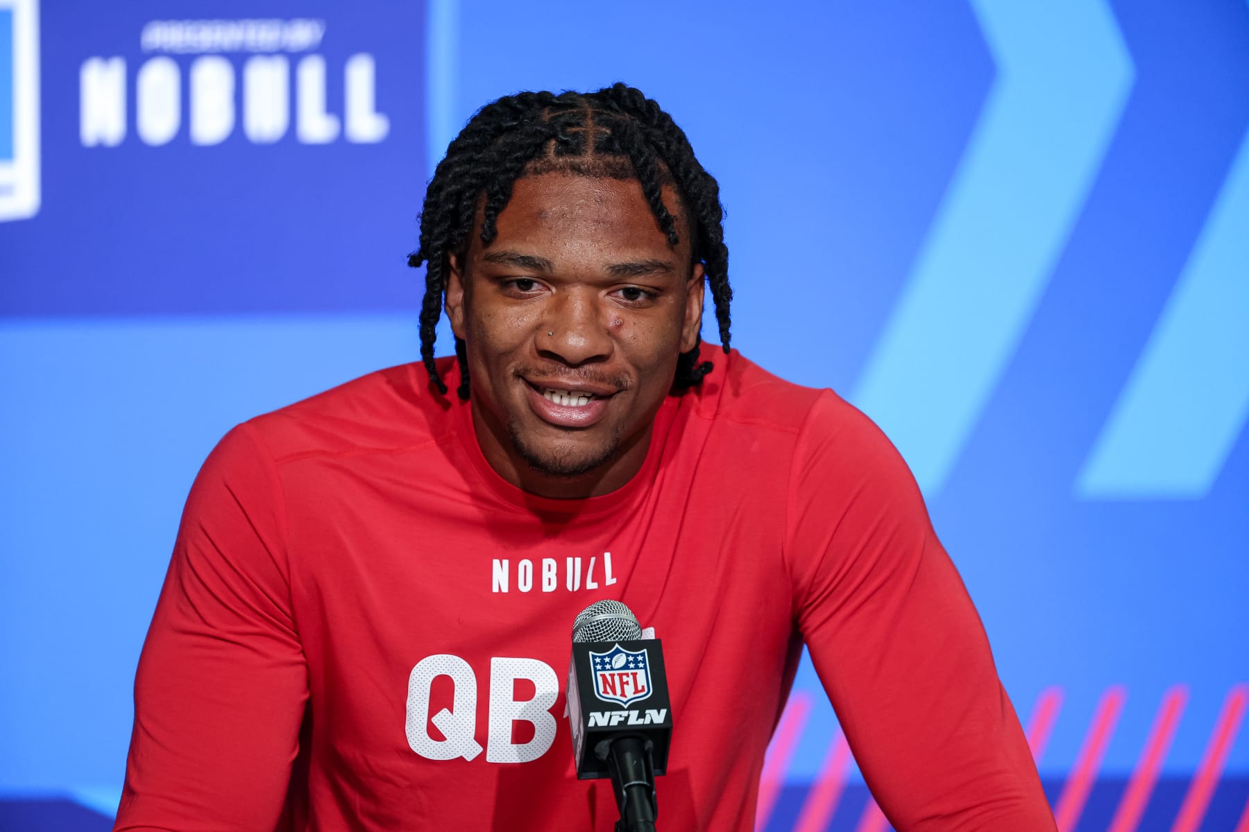INDIANAPOLIS, IN - MARCH 03: Quarterback Anthony Richardson of Florida speaks to the media during the NFL Combine at Lucas Oil Stadium on March 3, 2023 in Indianapolis, Indiana. (Photo by Michael Hickey/Getty Images)