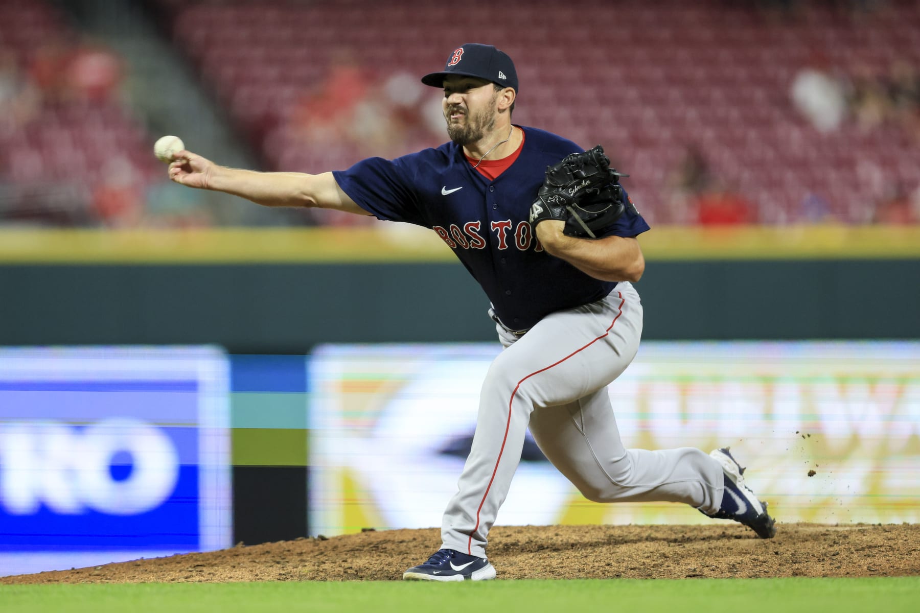 Boston Red Sox's John Schreiber throws during the ninth inning of the team's baseball game against the Cincinnati Reds in Cincinnati, Tuesday, Sept. 20, 2022. The Red Sox won 5-3. (AP Photo/Aaron Doster)