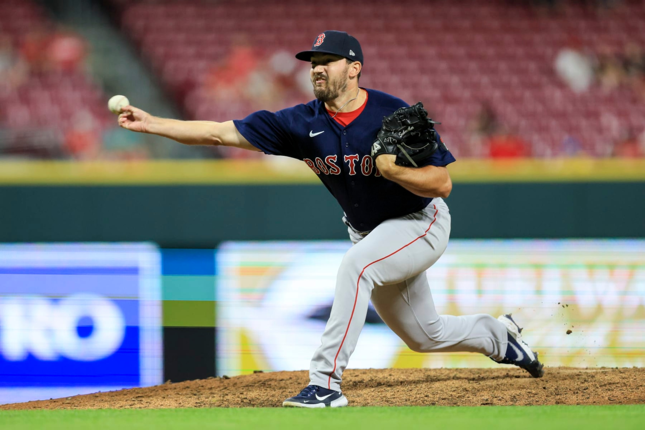 Boston Red Sox's John Schreiber throws during the ninth inning of the team's baseball game against the Cincinnati Reds in Cincinnati, Tuesday, Sept. 20, 2022. The Red Sox won 5-3. (AP Photo/Aaron Doster)