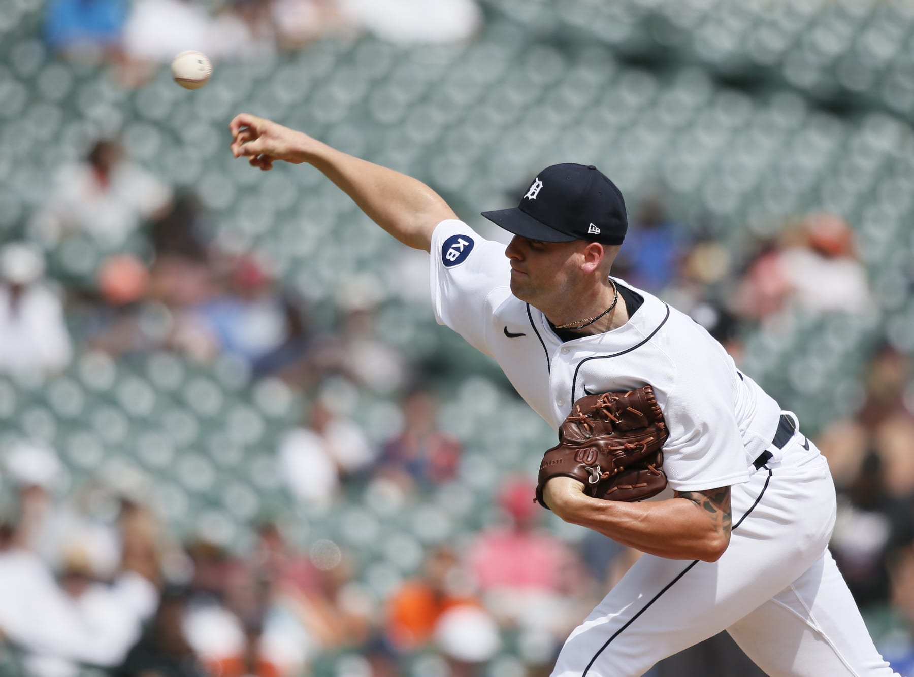 DETROIT, MI -  AUGUST 07:  Alex Lange #55 of the Detroit Tigers pitches against the Tampa Bay Rays at Comerica Park on August 7, 2022, in Detroit, Michigan. (Photo by Duane Burleson/Getty Images)