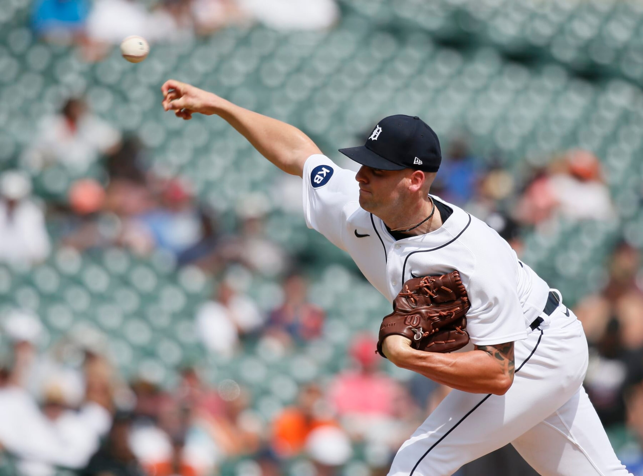 DETROIT, MI -  AUGUST 07:  Alex Lange #55 of the Detroit Tigers pitches against the Tampa Bay Rays at Comerica Park on August 7, 2022, in Detroit, Michigan. (Photo by Duane Burleson/Getty Images)