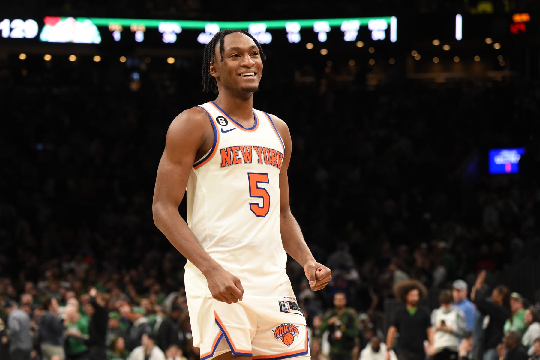 BOSTON, MA - MARCH 5: Immanuel Quickley #5 of the New York Knicks smiles after the game against the Boston Celtics on March 5, 2023 at the TD Garden in Boston, Massachusetts. NOTE TO USER: User expressly acknowledges and agrees that, by downloading and or using this photograph, User is consenting to the terms and conditions of the Getty Images License Agreement. Mandatory Copyright Notice: Copyright 2023 NBAE  (Photo by Brian Babineau/NBAE via Getty Images)