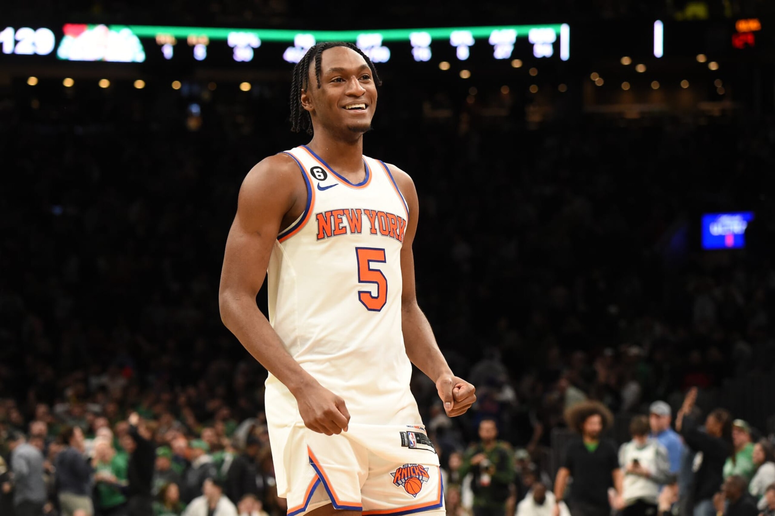 BOSTON, MA - MARCH 5: Immanuel Quickley #5 of the New York Knicks smiles after the game against the Boston Celtics on March 5, 2023 at the TD Garden in Boston, Massachusetts. NOTE TO USER: User expressly acknowledges and agrees that, by downloading and or using this photograph, User is consenting to the terms and conditions of the Getty Images License Agreement. Mandatory Copyright Notice: Copyright 2023 NBAE  (Photo by Brian Babineau/NBAE via Getty Images)