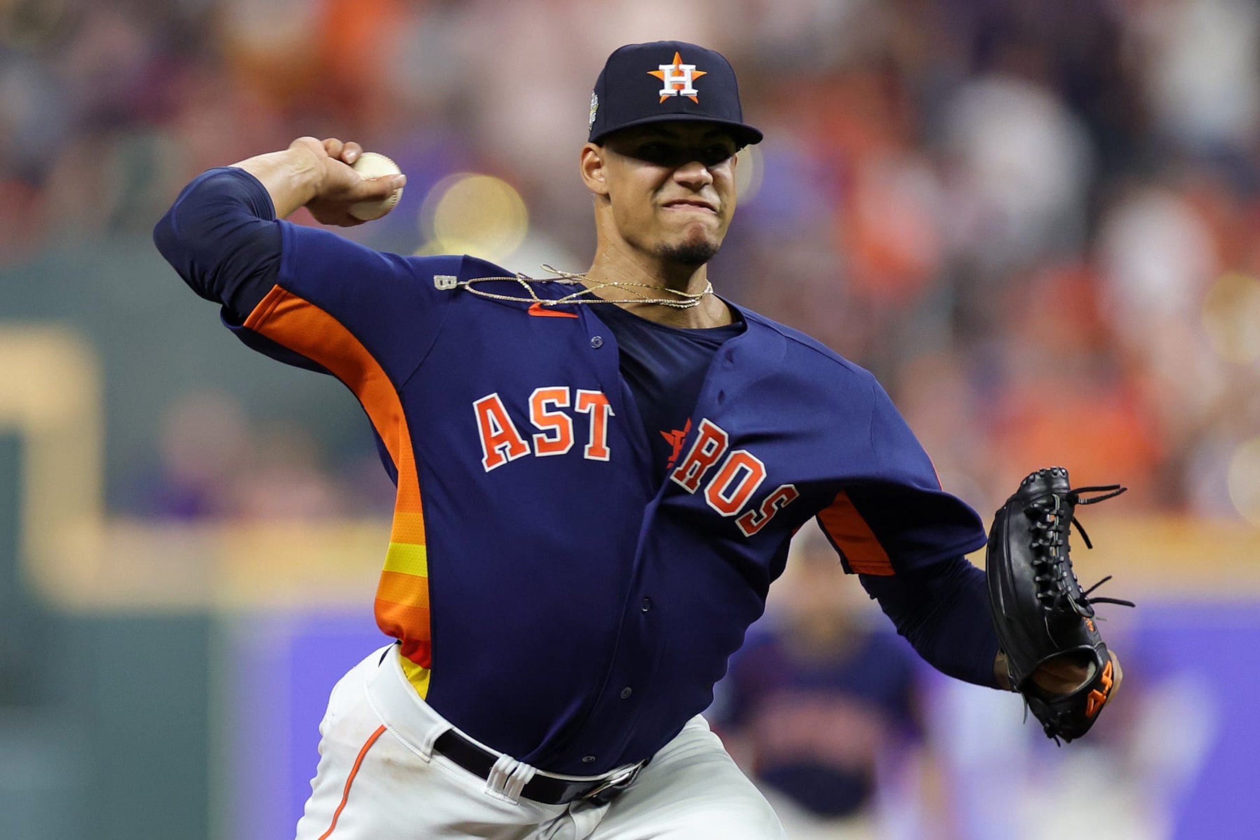 HOUSTON, TEXAS - NOVEMBER 05: Bryan Abreu #52 of the Houston Astros delivers a pitch against the Philadelphia Phillies during the eighth inning in Game Six of the 2022 World Series at Minute Maid Park on November 05, 2022 in Houston, Texas. (Photo by Carmen Mandato/Getty Images)