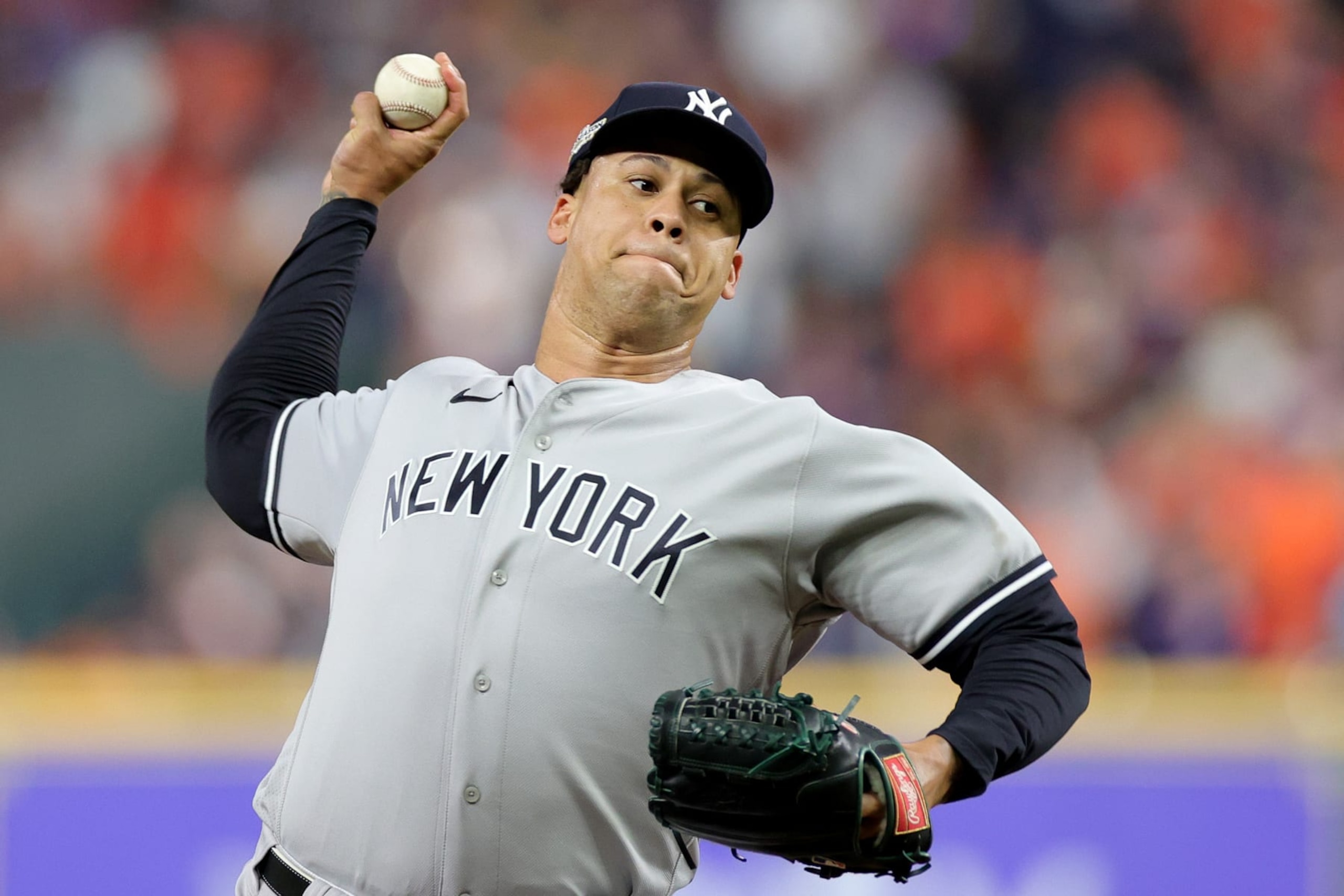 HOUSTON, TEXAS - OCTOBER 19: Frankie Montas #47 of the New York Yankees pitches during the eighth inning against the Houston Astros in game one of the American League Championship Series at Minute Maid Park on October 19, 2022 in Houston, Texas. (Photo by Carmen Mandato/Getty Images)