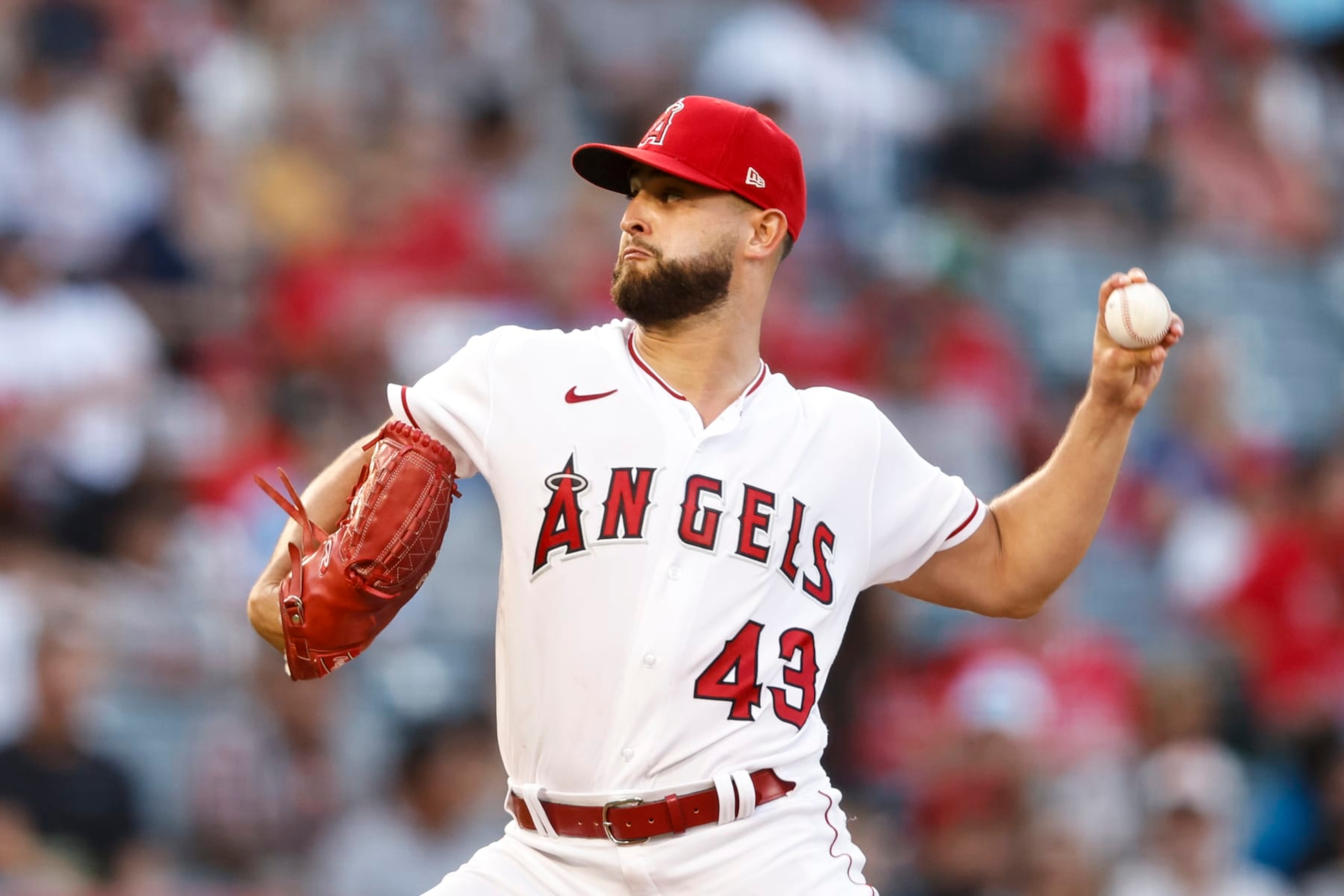 ANAHEIM, CALIFORNIA - JULY 29: Patrick Sandoval #43 of the Los Angeles Angels pitches against the Texas Rangers during the third inning at Angel Stadium of Anaheim on July 29, 2022 in Anaheim, California. (Photo by Michael Owens/Getty Images)