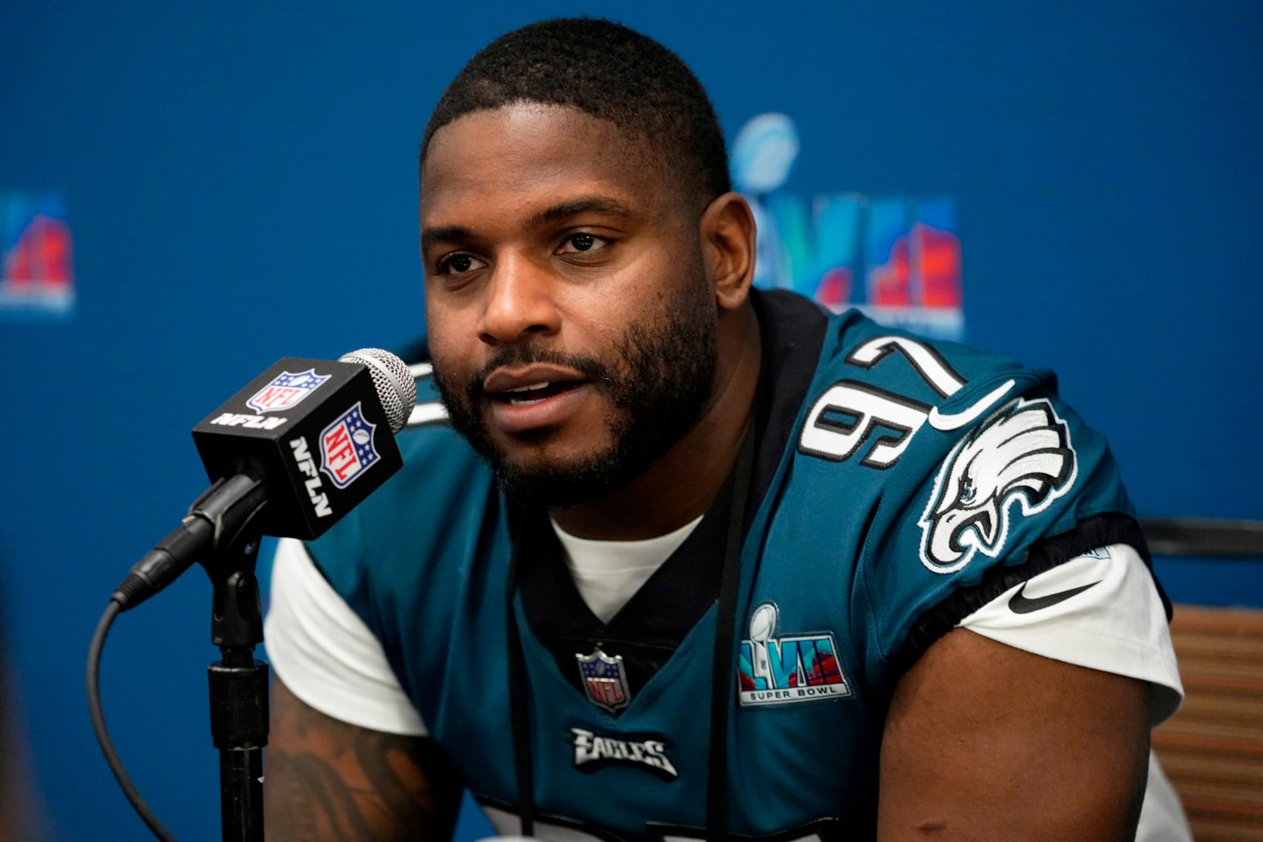 Philadelphia Eagles defensive tackle Javon Hargrave speaks during an NFL football Super Bowl team availability, Wednesday, Feb. 8, 2023, in Phoenix. The Eagles will face the Kansas City Chiefs in Super Bowl 57 Sunday. (AP Photo/Matt York)