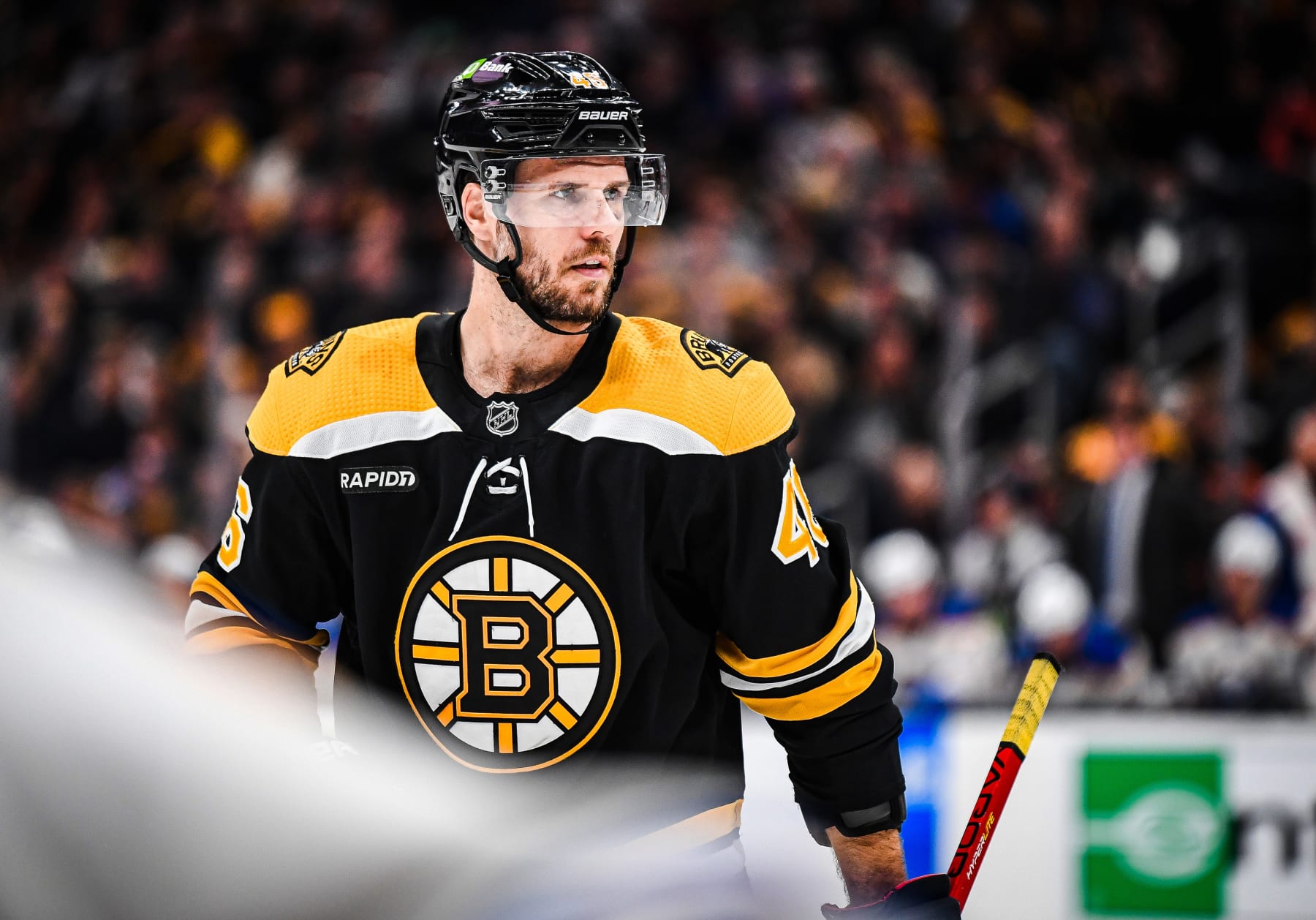 BOSTON, MASSACHUSETTS - MARCH 02: David Krejci #46 of the Boston Bruins prepares for a faceoff in the third period against the Buffalo Sabres at TD Garden on March 02, 2023 in Boston, Massachusetts. (Photo by China Wong/NHLI via Getty Images)