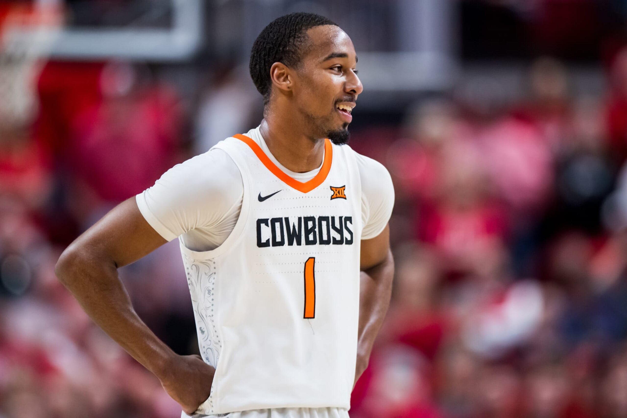 LUBBOCK, TEXAS - MARCH 04: Guard Bryce Thompson #1 of the Oklahoma State Cowboys stands on the court during the second half of the college basketball game against the Texas Tech Red Raiders at United Supermarkets Arena on March 04, 2023 in Lubbock, Texas. (Photo by John E. Moore III/Getty Images)