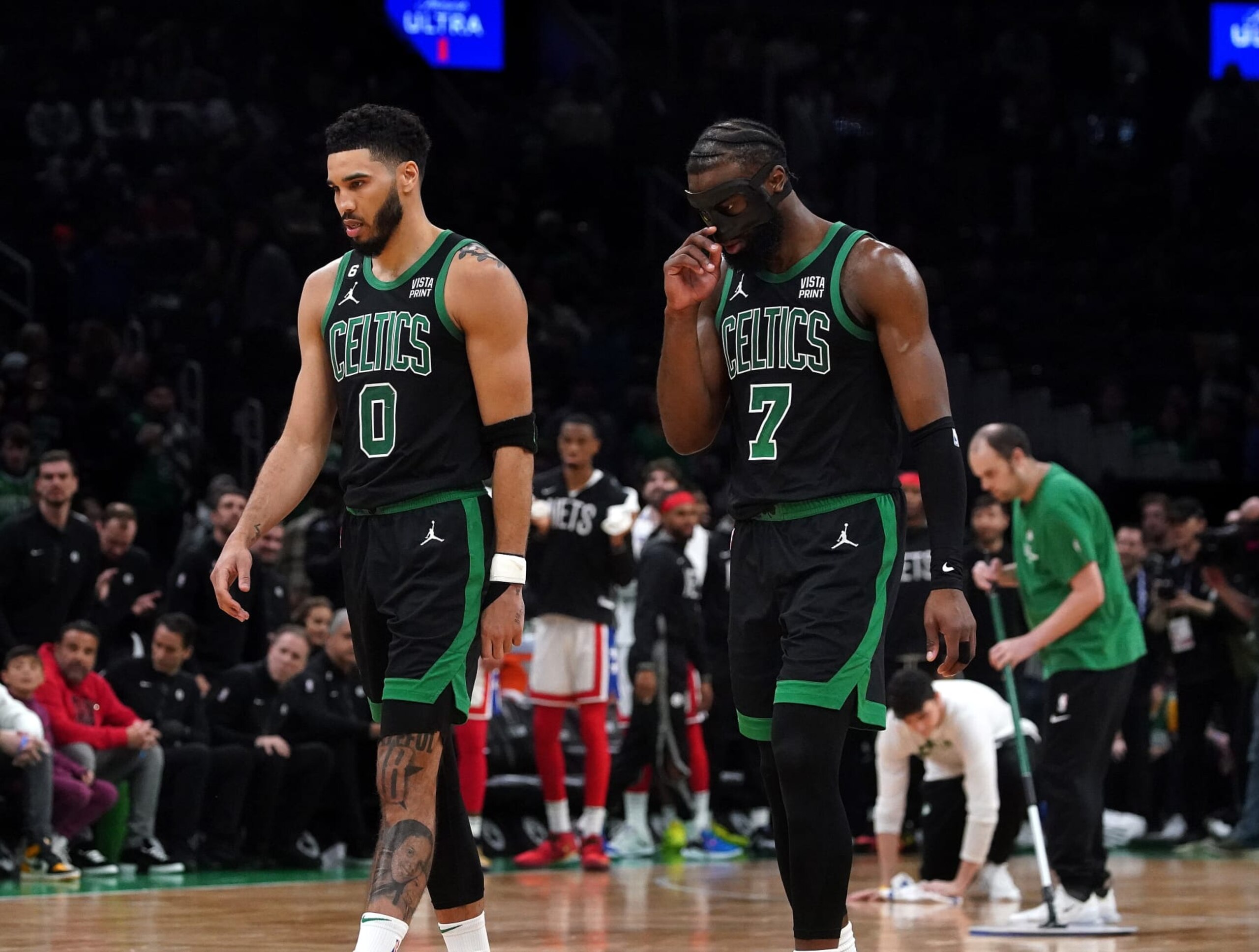 Boston, MA - March 3: Boston Celtics SF Jayson Tatum, left, and SG Jaylen Brown walk off the court after a 115-105 loss to the Brooklyn Nets. (Photo by Barry Chin/The Boston Globe via Getty Images)