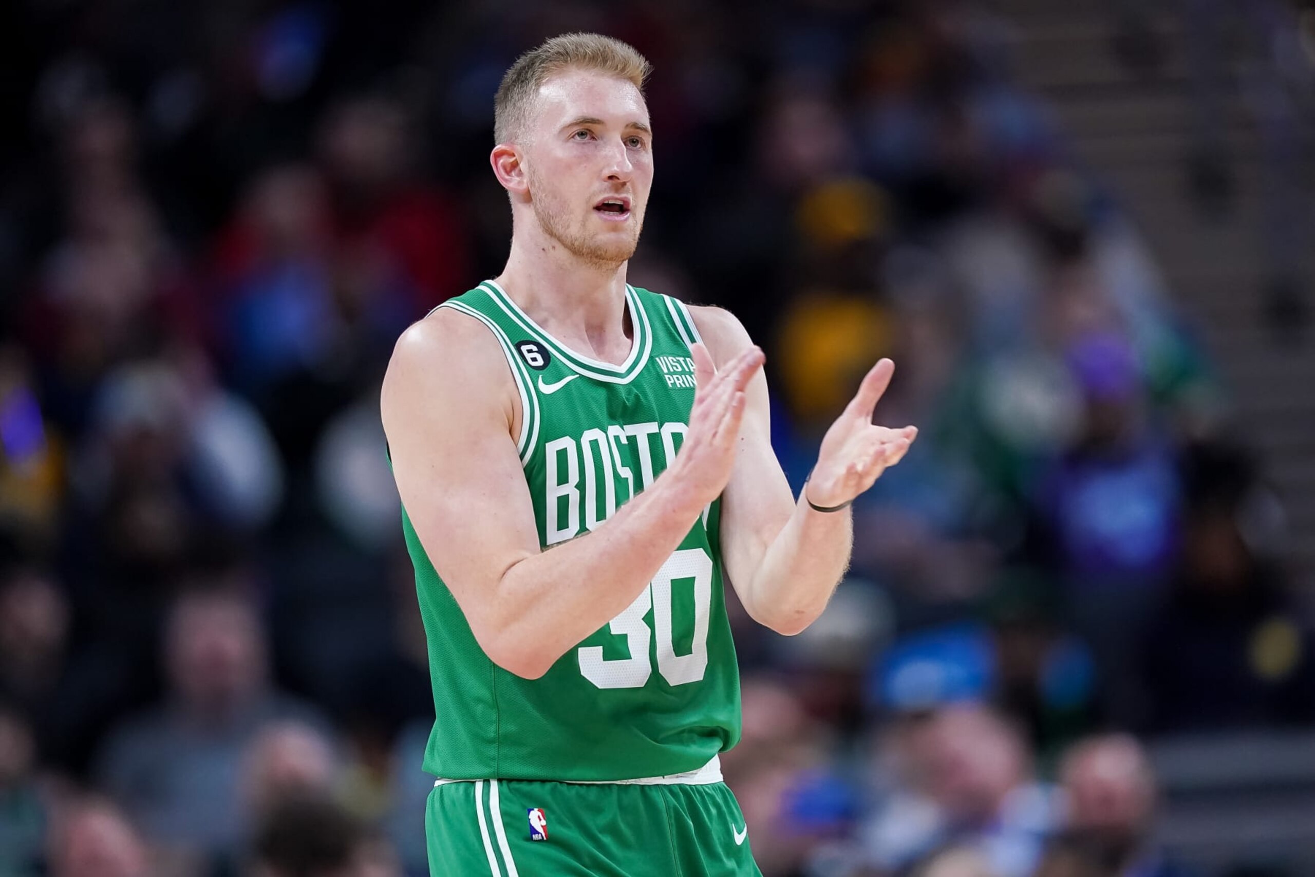INDIANAPOLIS, INDIANA - FEBRUARY 23: Sam Hauser #30 of the Boston Celtics reacts after making a shot in the fourth quarter against the Boston Celtics at Gainbridge Fieldhouse on February 23, 2023 in Indianapolis, Indiana. NOTE TO USER: User expressly acknowledges and agrees that, by downloading and or using this photograph, User is consenting to the terms and conditions of the Getty Images License Agreement. (Photo by Dylan Buell/Getty Images)
