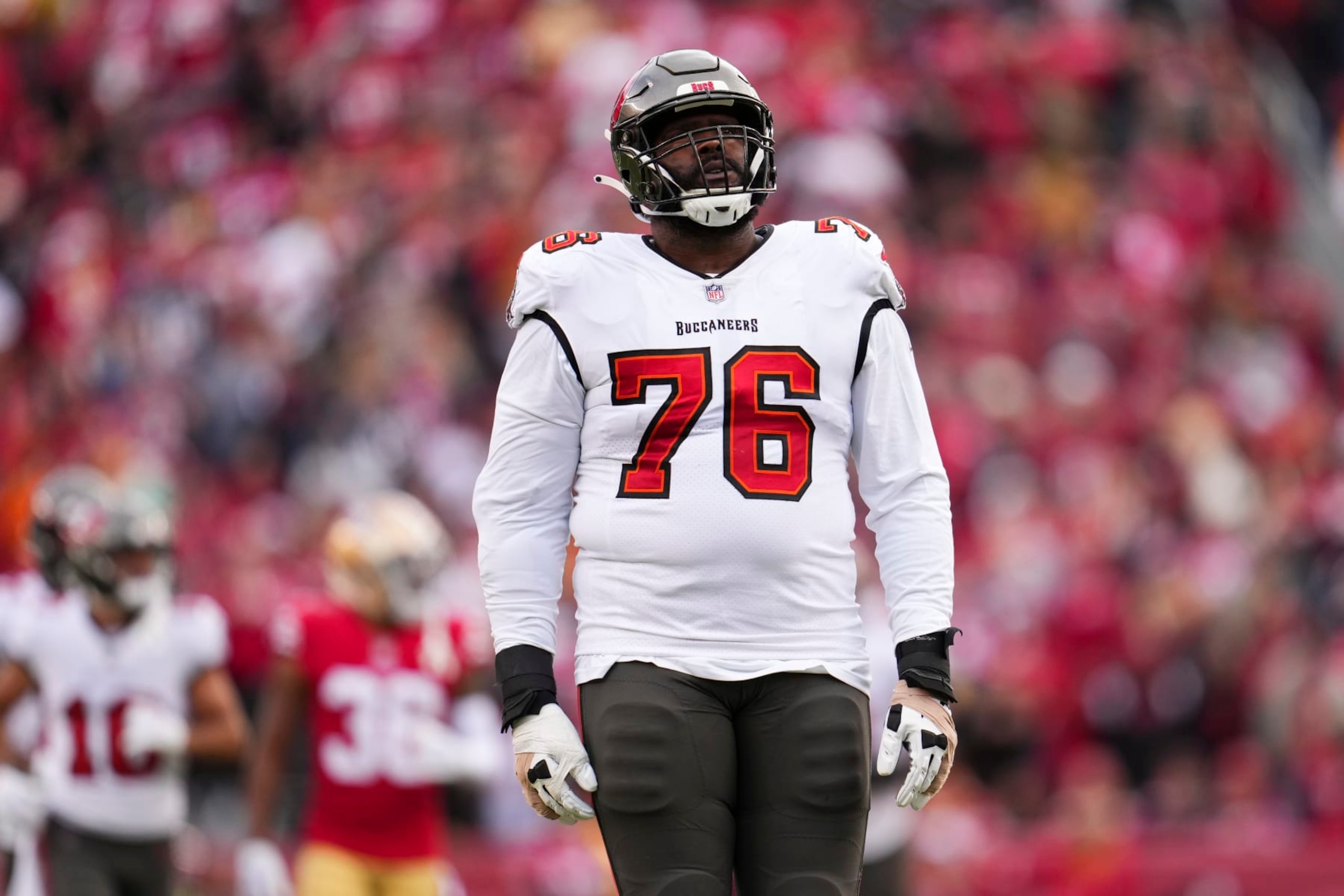 SANTA CLARA, CA - DECEMBER 11: Donovan Smith #76 of the Tampa Bay Buccaneers looks up against the San Francisco 49ers at Levi's Stadium on December 11, 2022 in Santa Clara, California. (Photo by Cooper Neill/Getty Images)