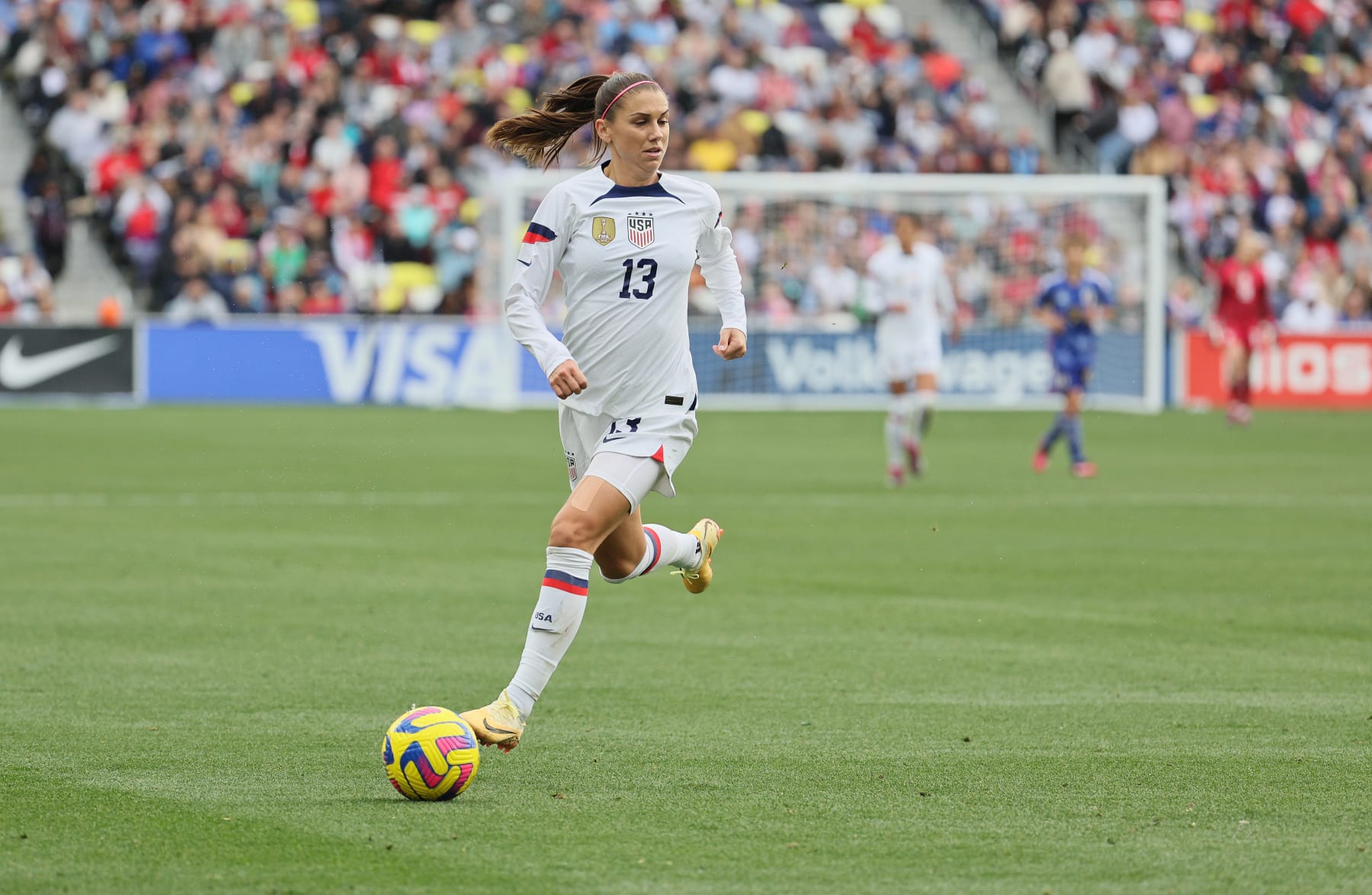 NASHVILLE, TENNESSEE - FEBRUARY 19:  Alex Morgan #13 of the United States against Japan during the 2023 SheBelieves Cup at GEODIS Park on February 19, 2023 in Nashville, Tennessee. (Photo by Andy Lyons/Getty Images)
