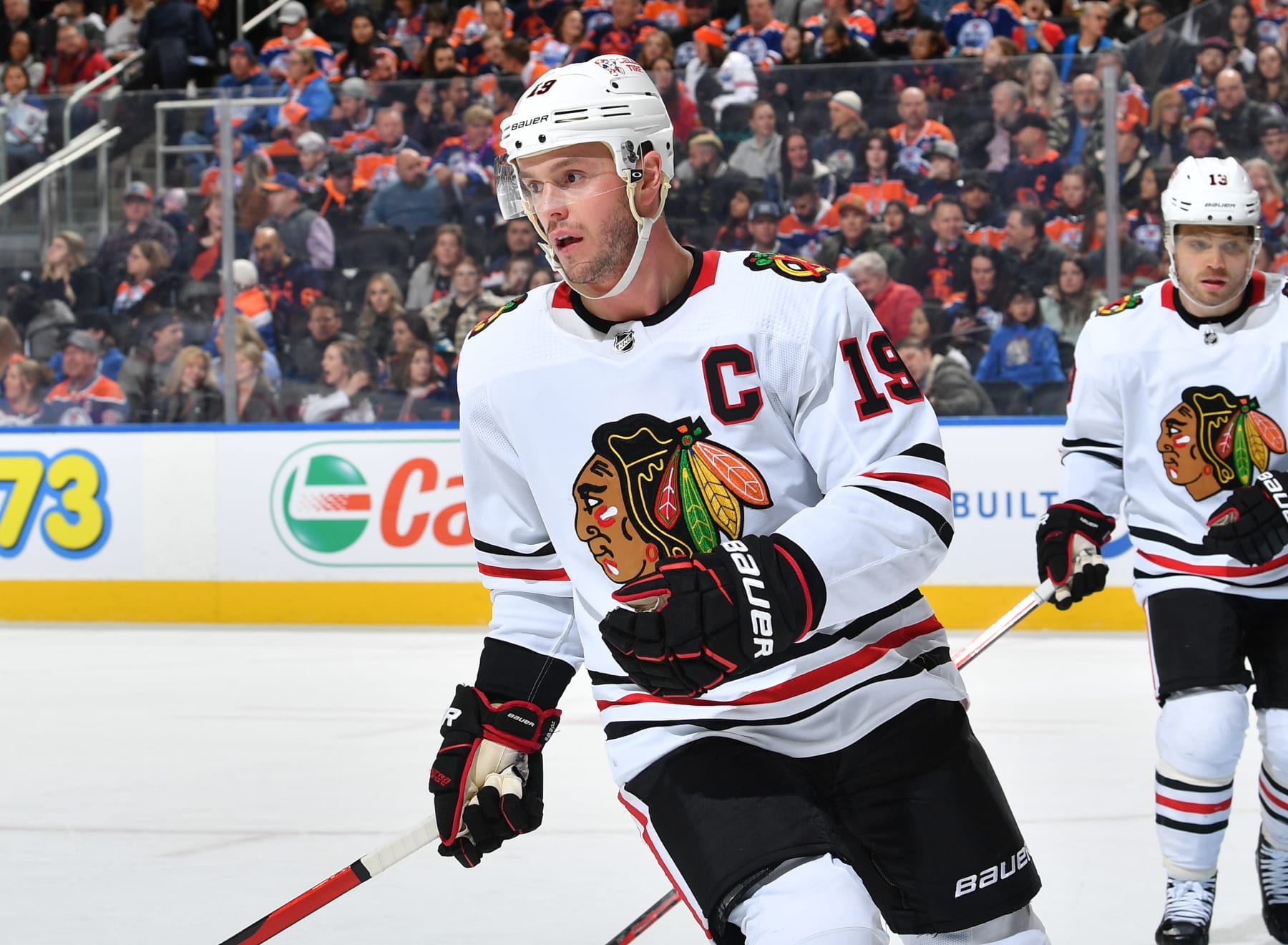 EDMONTON, CANADA - JANUARY 28: Jonathan Toews #19 of the Chicago Blackhawks skates during the game against the Edmonton Oilers on January 28, 2023 at Rogers Place in Edmonton, Alberta, Canada. (Photo by Andy Devlin/NHLI via Getty Images)