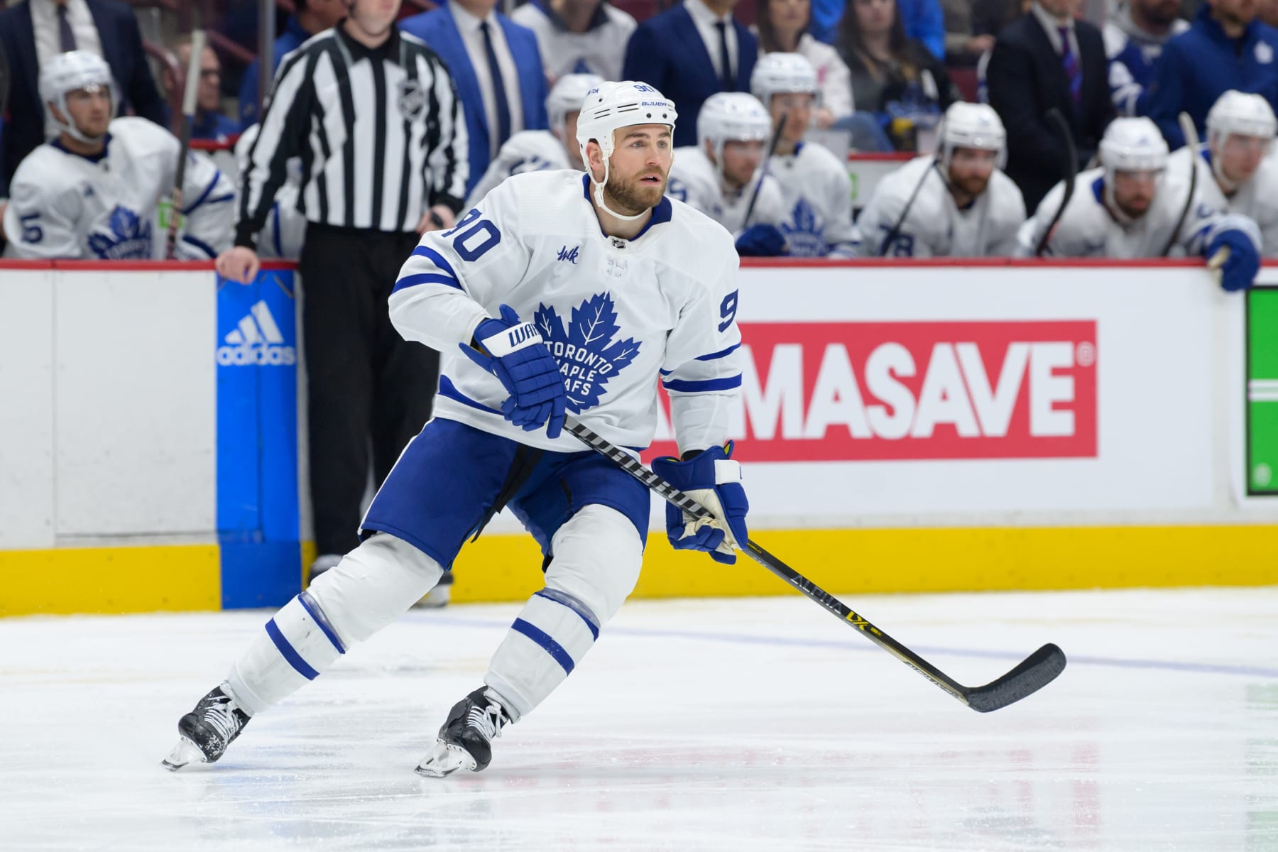 VANCOUVER, CANADA - MARCH 4: Ryan O'Reilly #90 of the Toronto Maple Leafs skates up ice during the second period of their NHL game against the Vancouver Canucks at Rogers Arena on March 4, 2023 in Vancouver, British Columbia, Canada. (Photo by Derek Cain/Getty Images)