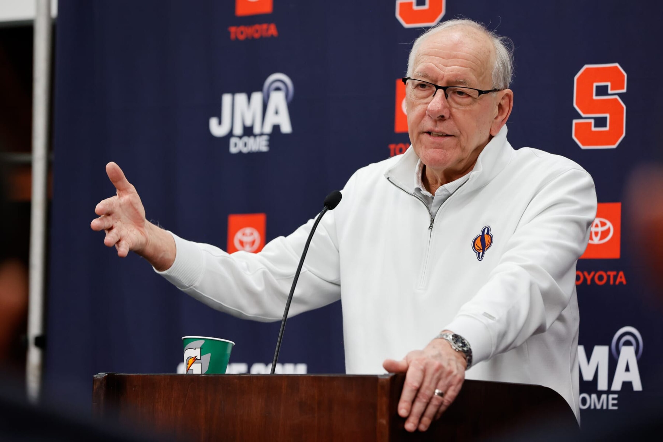 SYRACUSE, NY - MARCH 04: Head coach Jim Boeheim of the Syracuse Orange address the media after a mens basketball game between the Syracuse Orange and the Wake Forest Demon Deacons at JMA Wireless Dome on March 4, 2023 in Syracuse, New York. (Photo by Isaiah Vazquez/Getty Images)