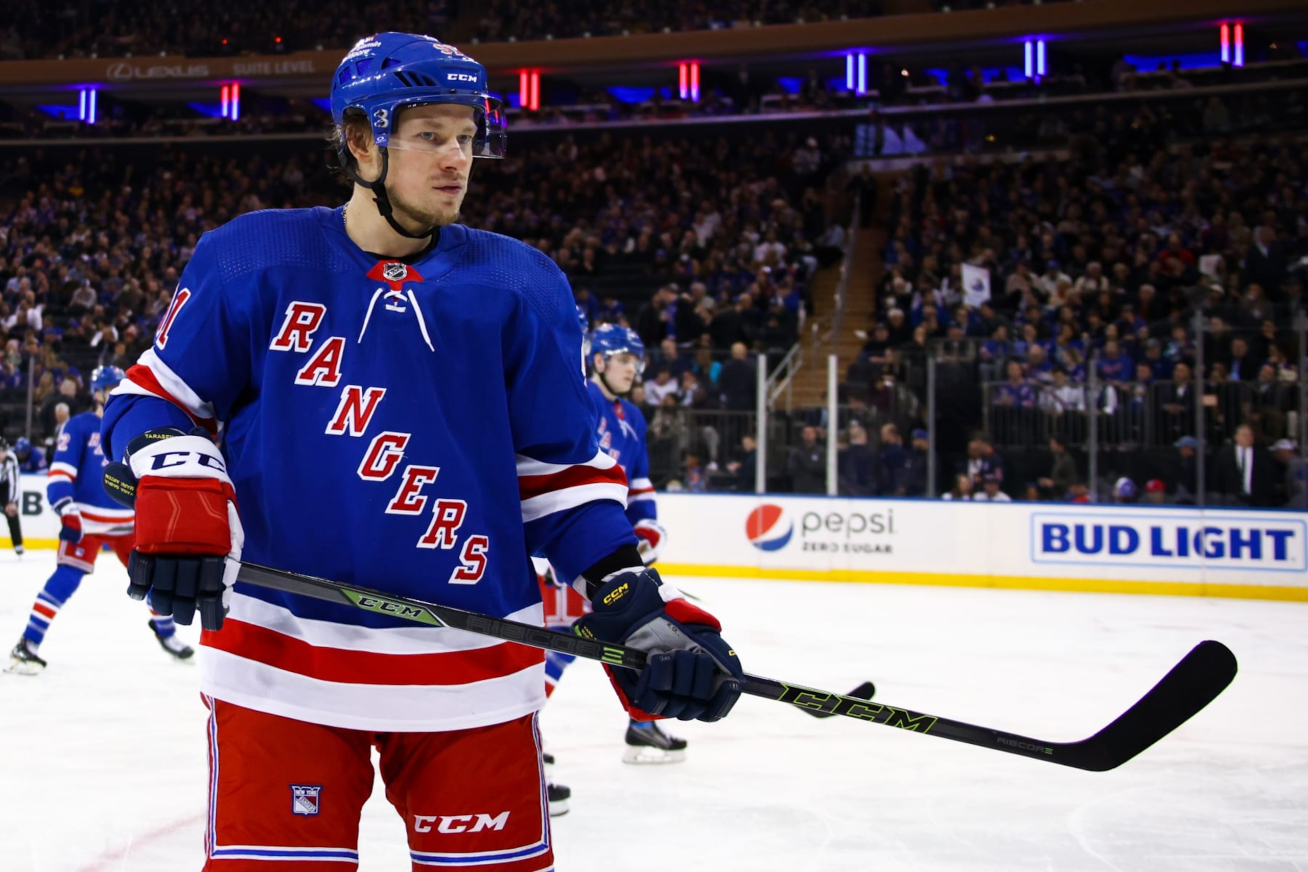 NEW YORK, NY - MARCH 02: New York Rangers Right Wing Vladimir Tarasenko (91) is pictured prior to the National Hockey League game between the Ottawa Senators and the New York Rangers on March 2, 2023 at Madison Square Garden in New York, NY. (Photo by Joshua Sarner/Icon Sportswire via Getty Images)