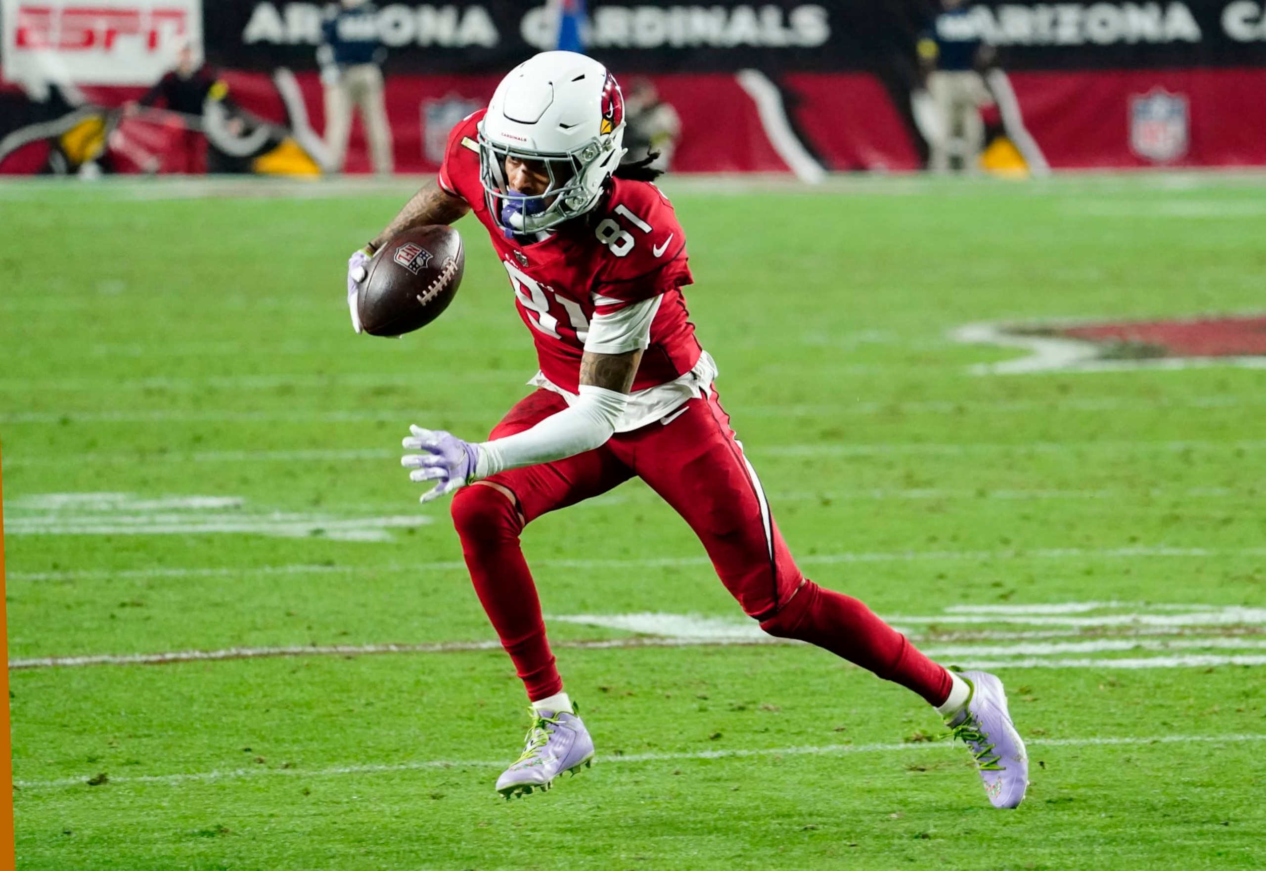 Arizona Cardinals wide receiver Robbie Anderson (81) runs after a catch against the New England Patriots during the first half of an NFL football game, Monday, Dec. 12, 2022, in Glendale, Ariz. (AP Photo/Darryl Webb)
