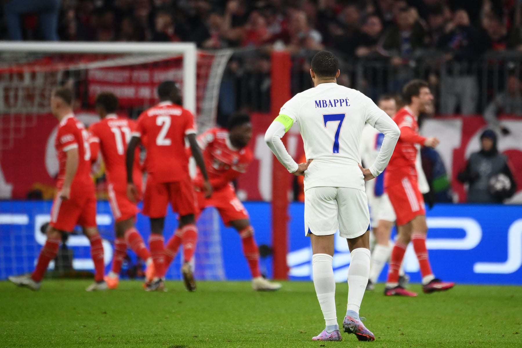 Paris Saint-Germain's French forward Kylian Mbappe reacts during the UEFA Champions League round of 16, 2nd-leg football match FC Bayern Munich v Paris Saint-Germain FC in Munich, southern Germany, on March 8, 2023. (Photo by FRANCK FIFE / AFP) (Photo by FRANCK FIFE/AFP via Getty Images)